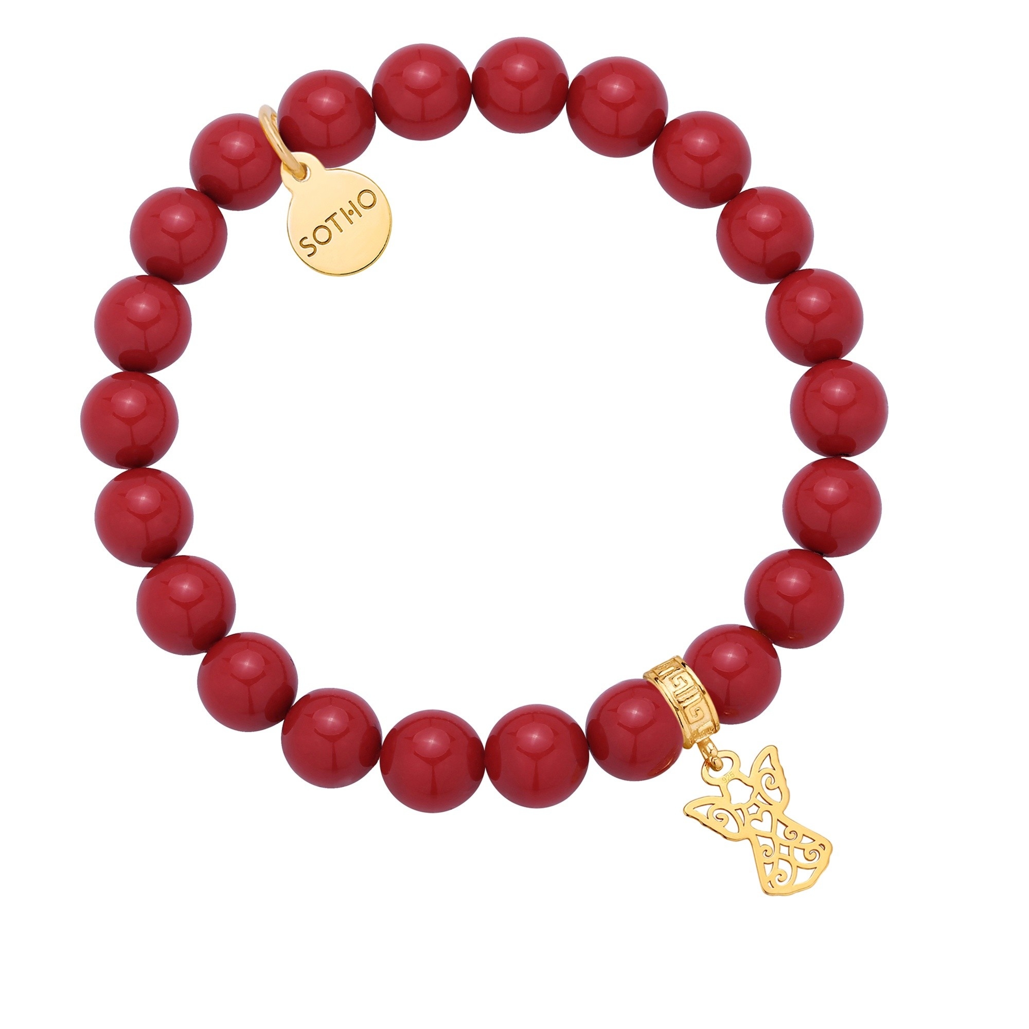 Czerwona bransoletka z pereł SWAROVSKI® CRYSTAL ze złotym ażurowym aniołkiem