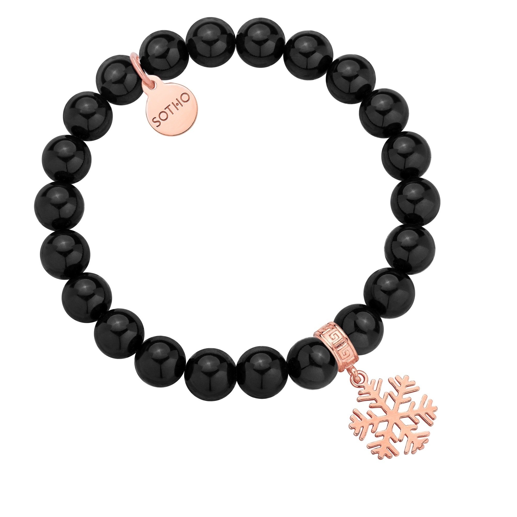 Czarna bransoletka z onyksu ze śnieżynką z różowego złota