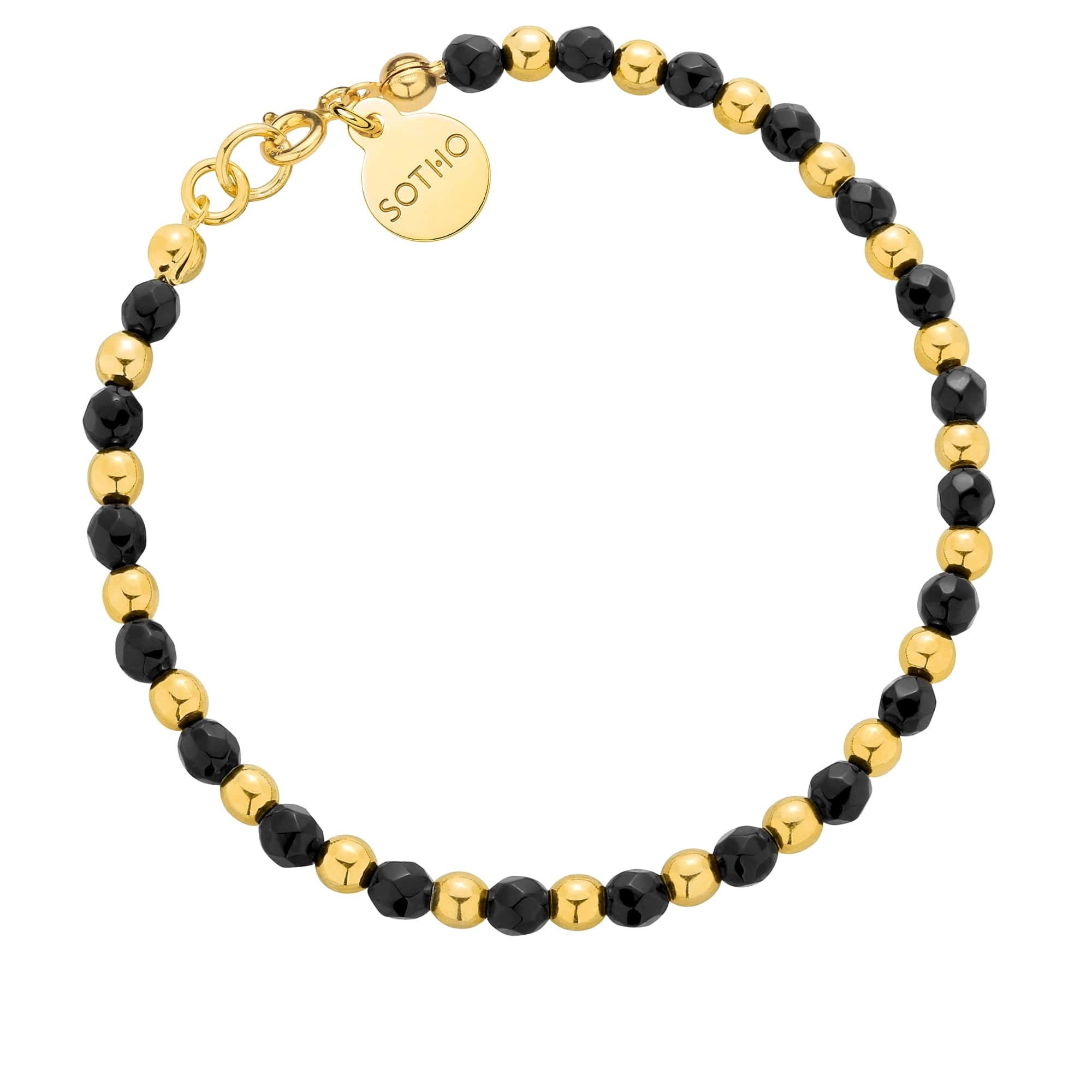 Złota bransoletka z fasetowanego onyksu i złotych kuleczek