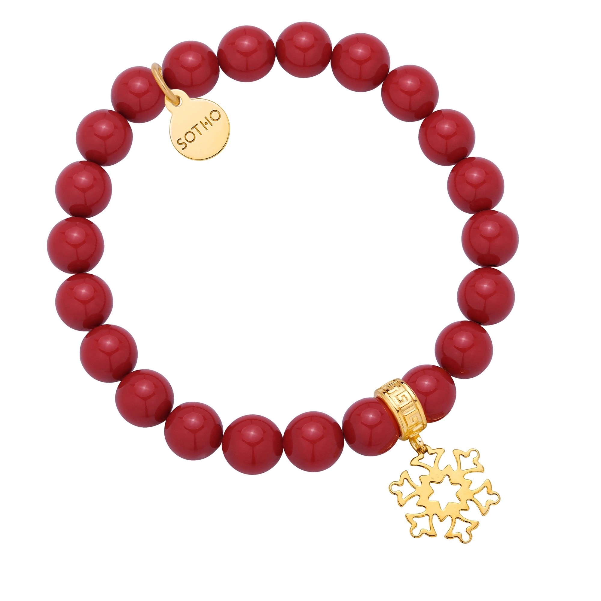 Czerwona bransoletka z pereł SWAROVSKI® CRYSTAL ze złotym płatkiem śniegu