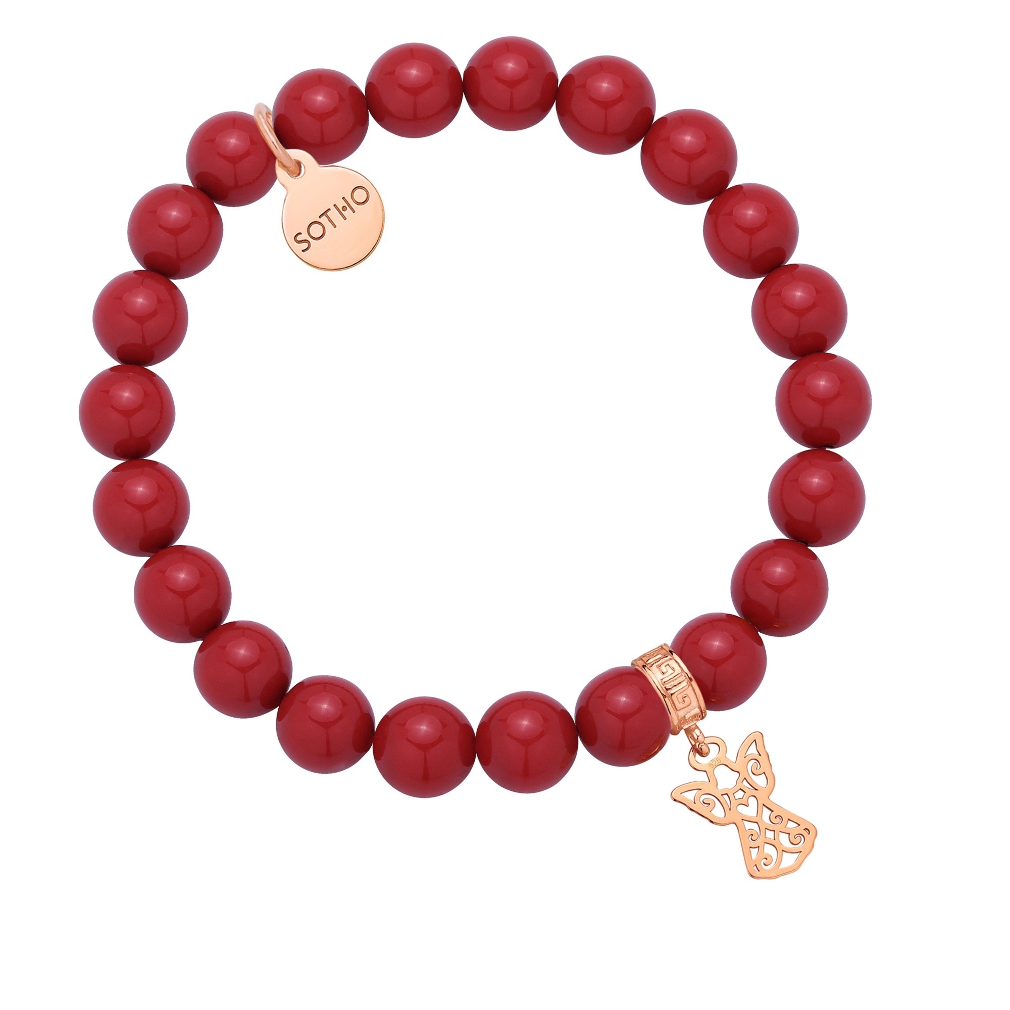 Czerwona bransoletka z pereł SWAROVSKI® CRYSTAL z ażurowym aniołkiem z różowego złota