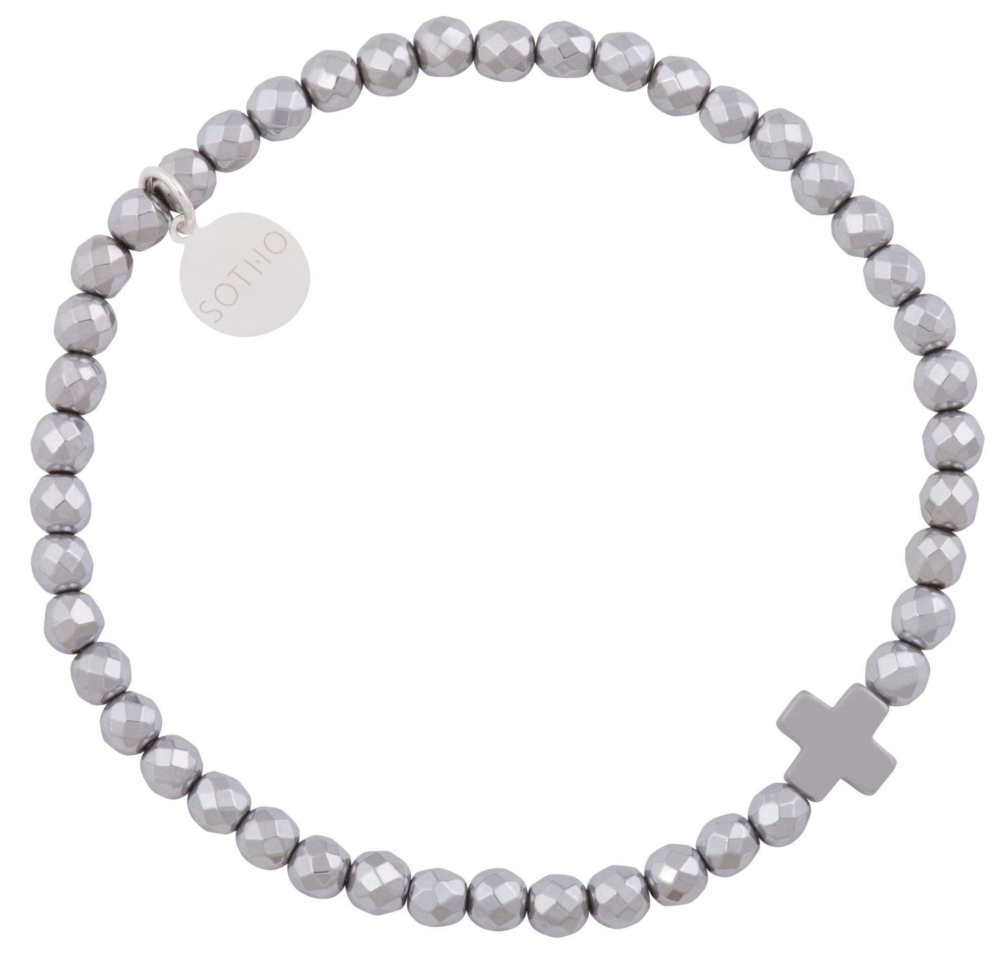 Srebrna bransoletka fasetowany hematyt ze srebrnym krzyżem