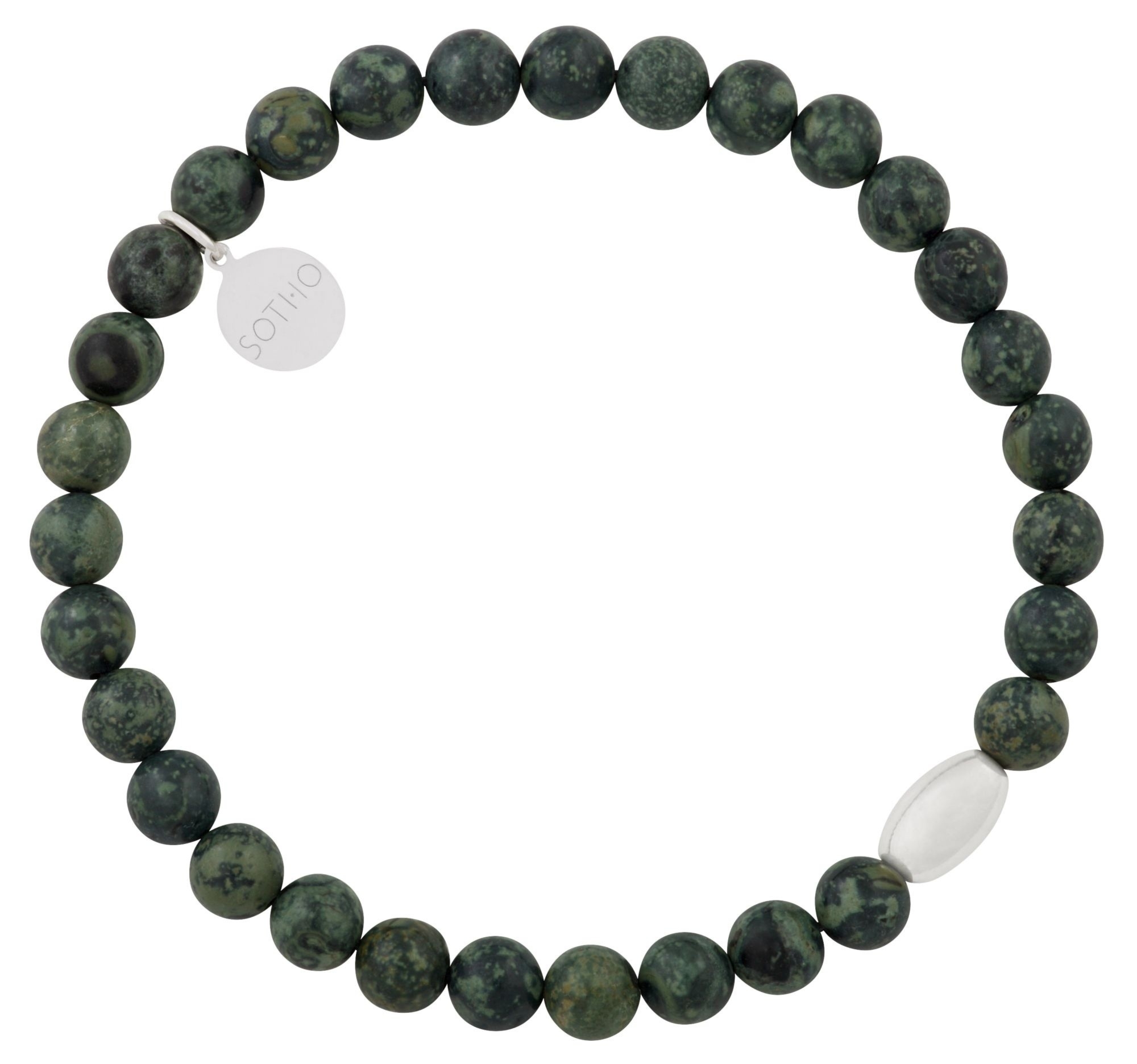 Zielona męska bransoletka kambaba jaspis ze srebrną przekładką