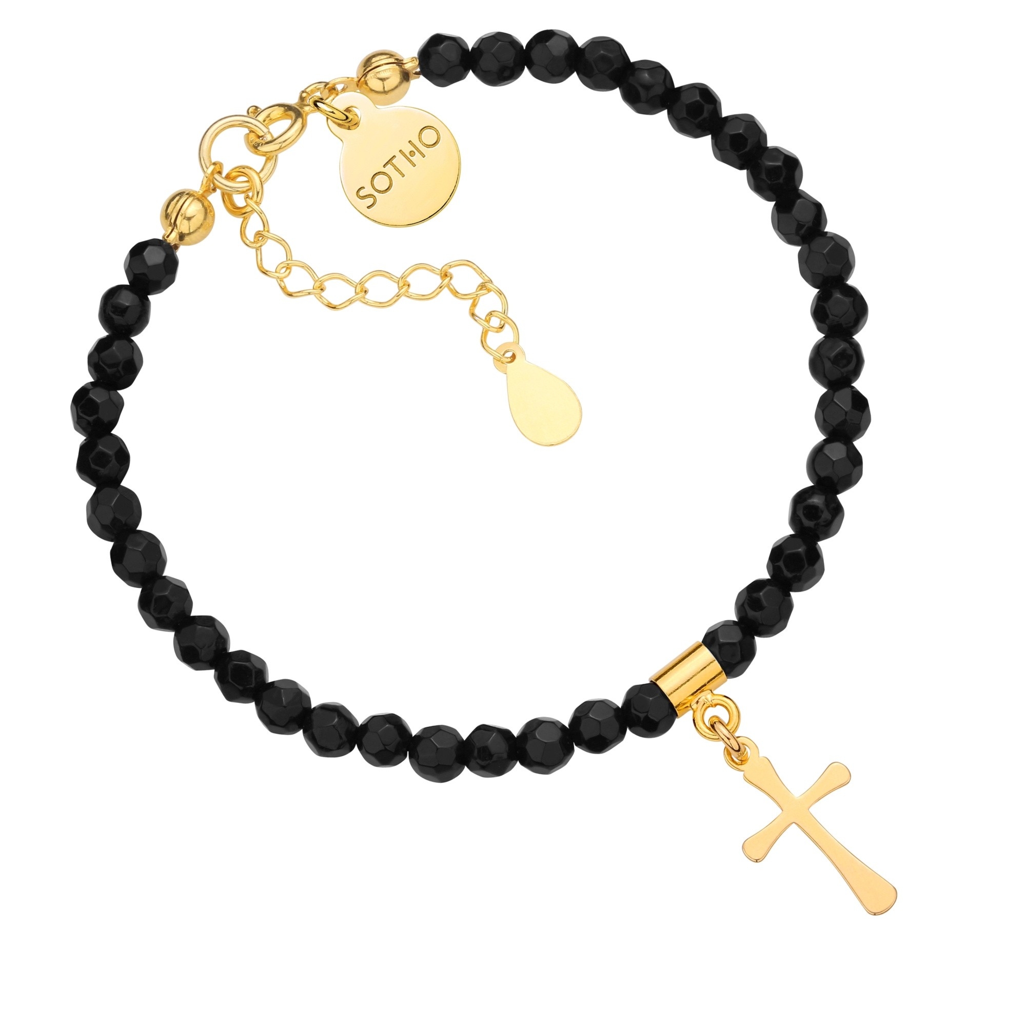 Czarna bransoletka z fasetowanego onyksu ze złotym krzyżykiem