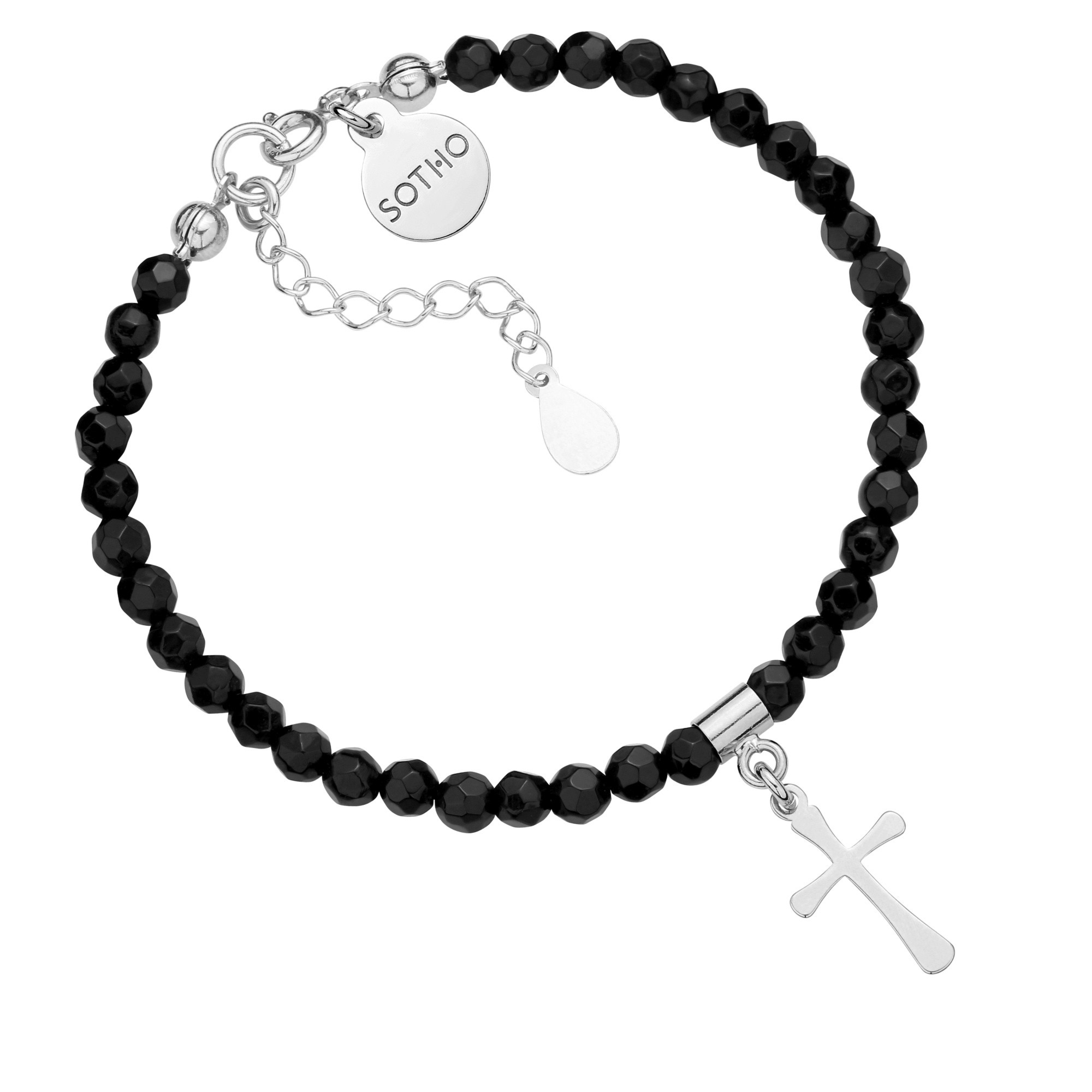 Czarna bransoletka z fasetowanego onyksu ze srebrnym krzyżykiem