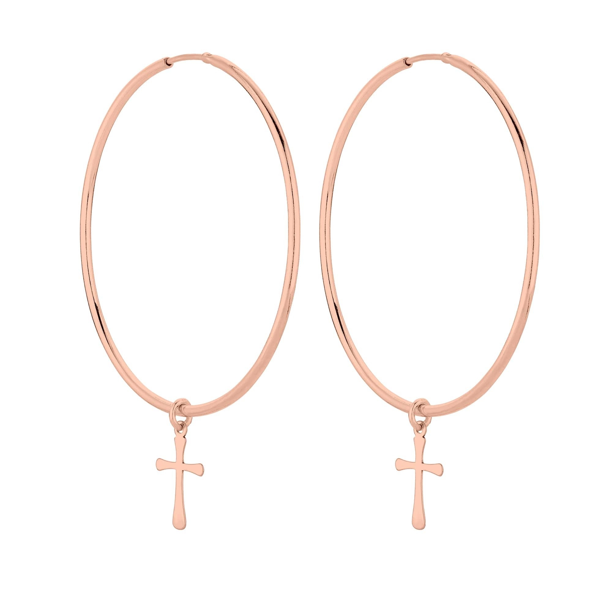 Duże kolczyki z różowego złota z krzyżami