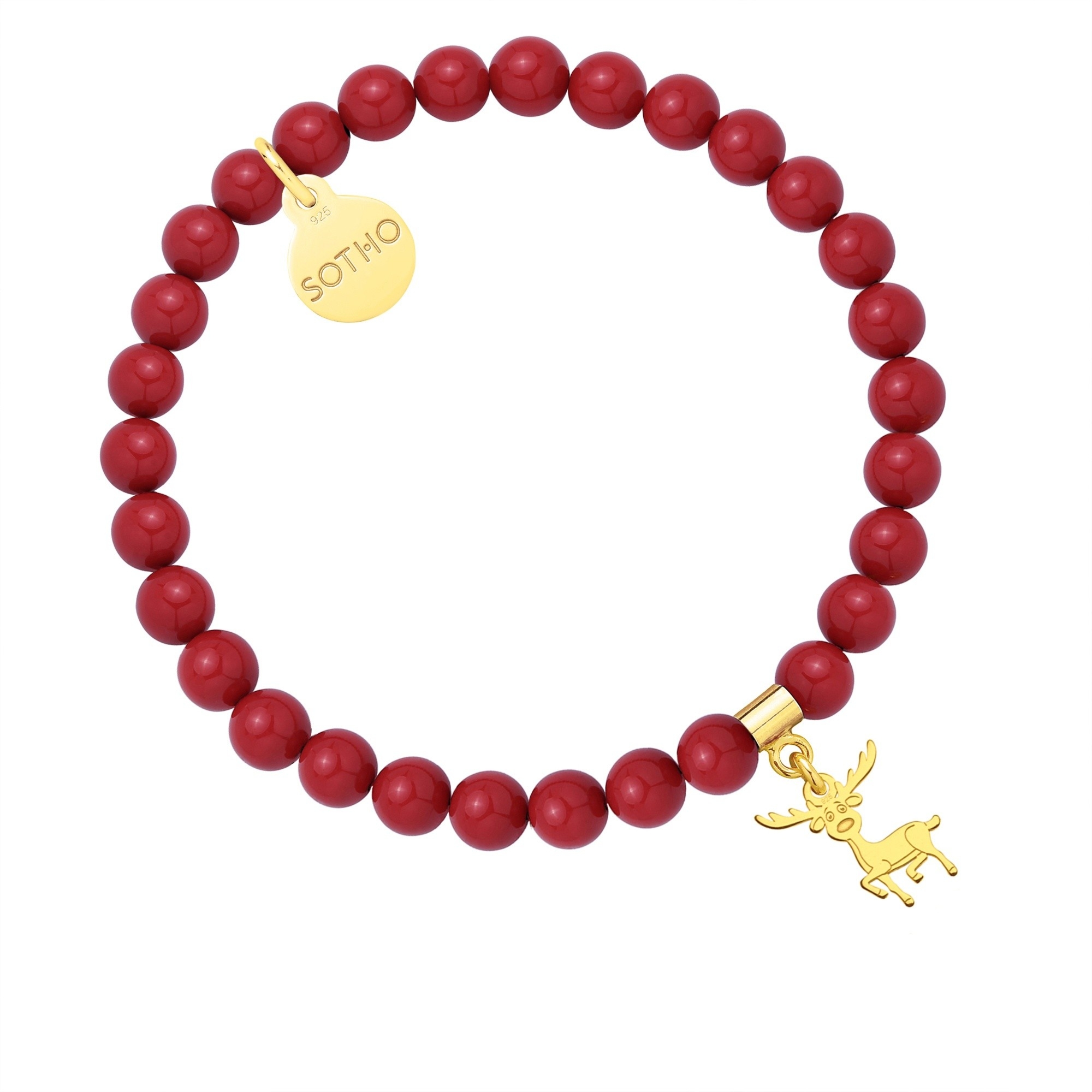 Czerwona bransoletka z pereł SWAROVSKI® CRYSTAL ze złotym reniferkiem