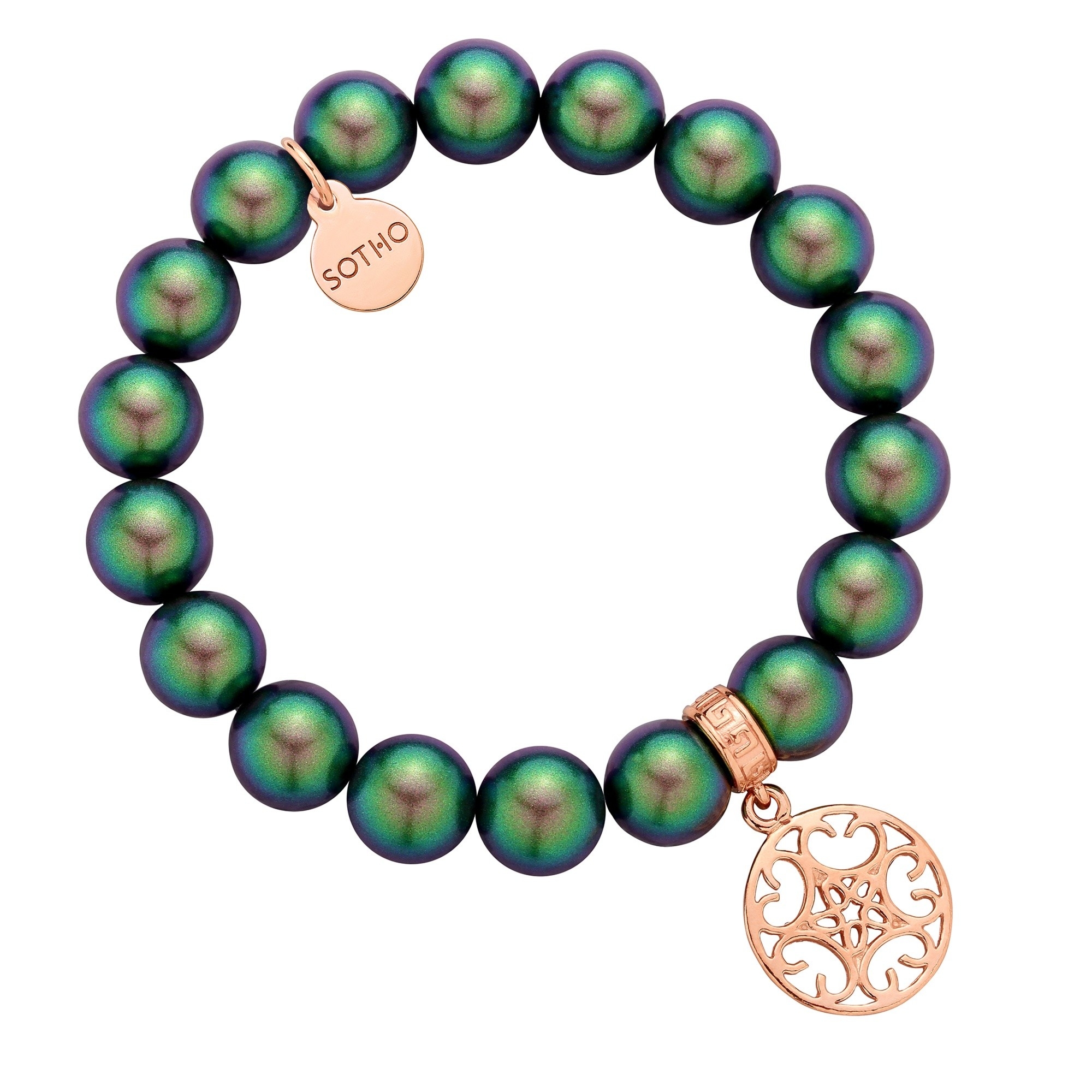 Zielona bransoletka z pereł SWAROVSKI® CRYSTAL z okrągłą rozetką z różowego złota