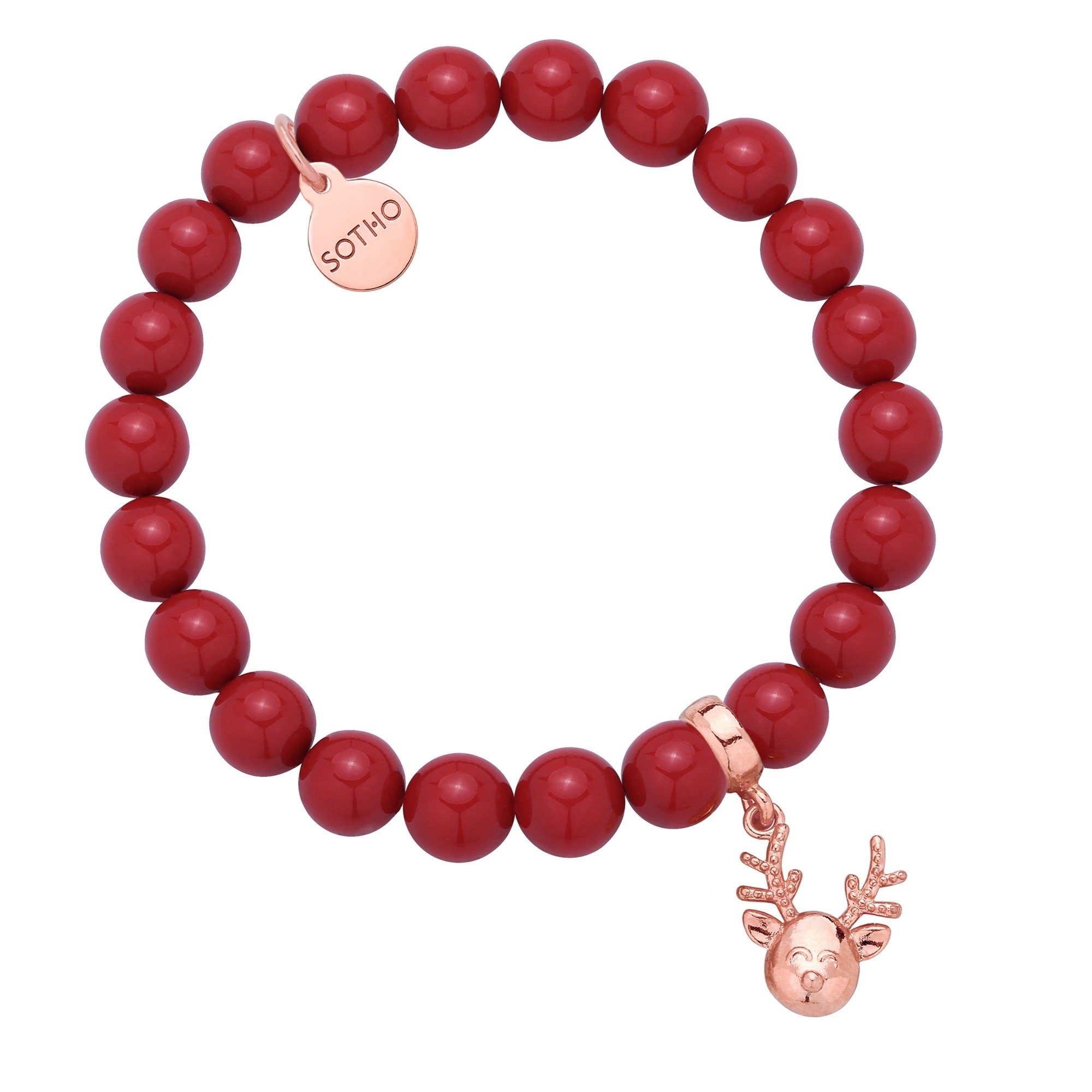 Czerwona bransoletka z pereł SWAROVSKI® CRYSTAL z reniferkiem z różowego złota