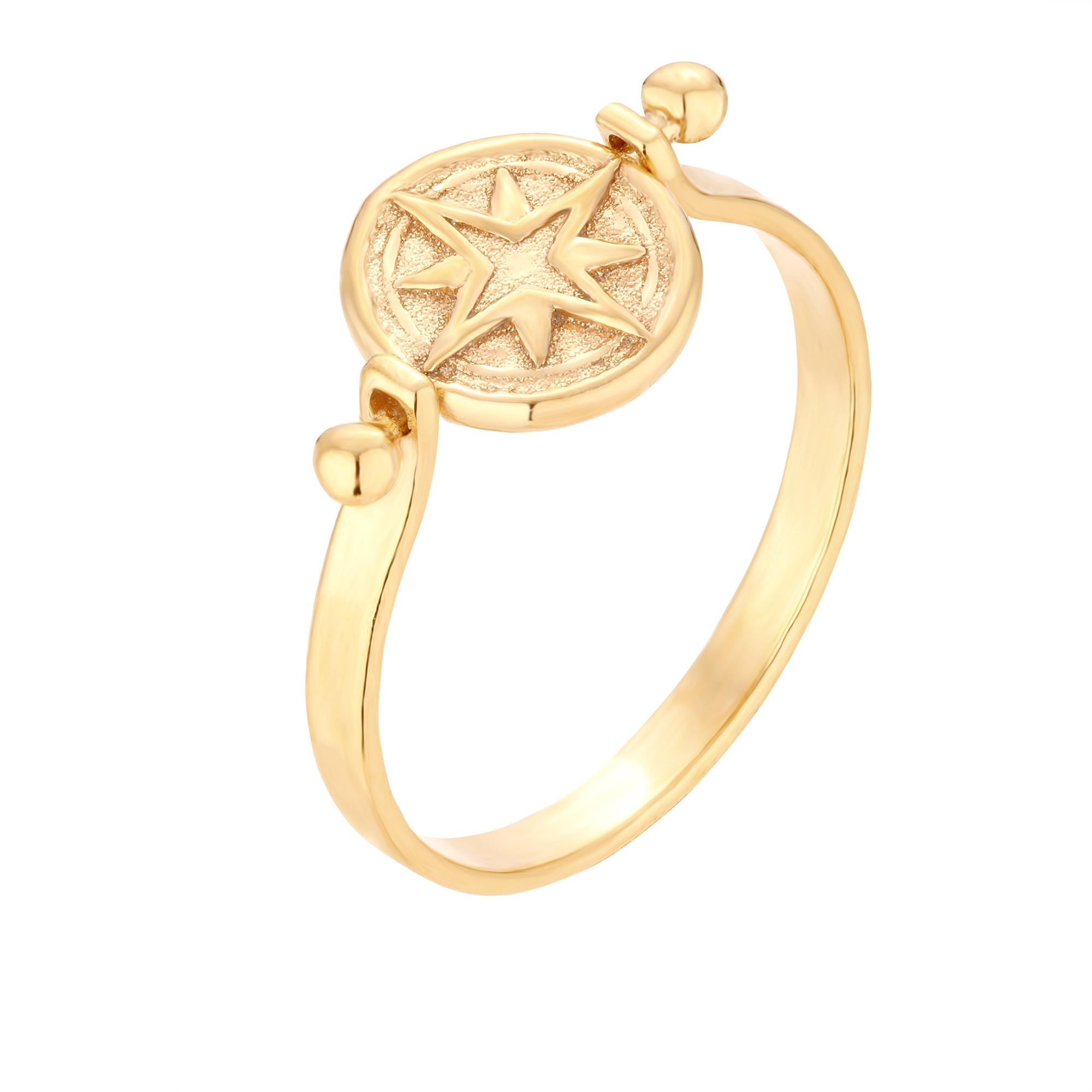 Złoty obrotowy dwustronny pierścionek z górami i różą wiatrów