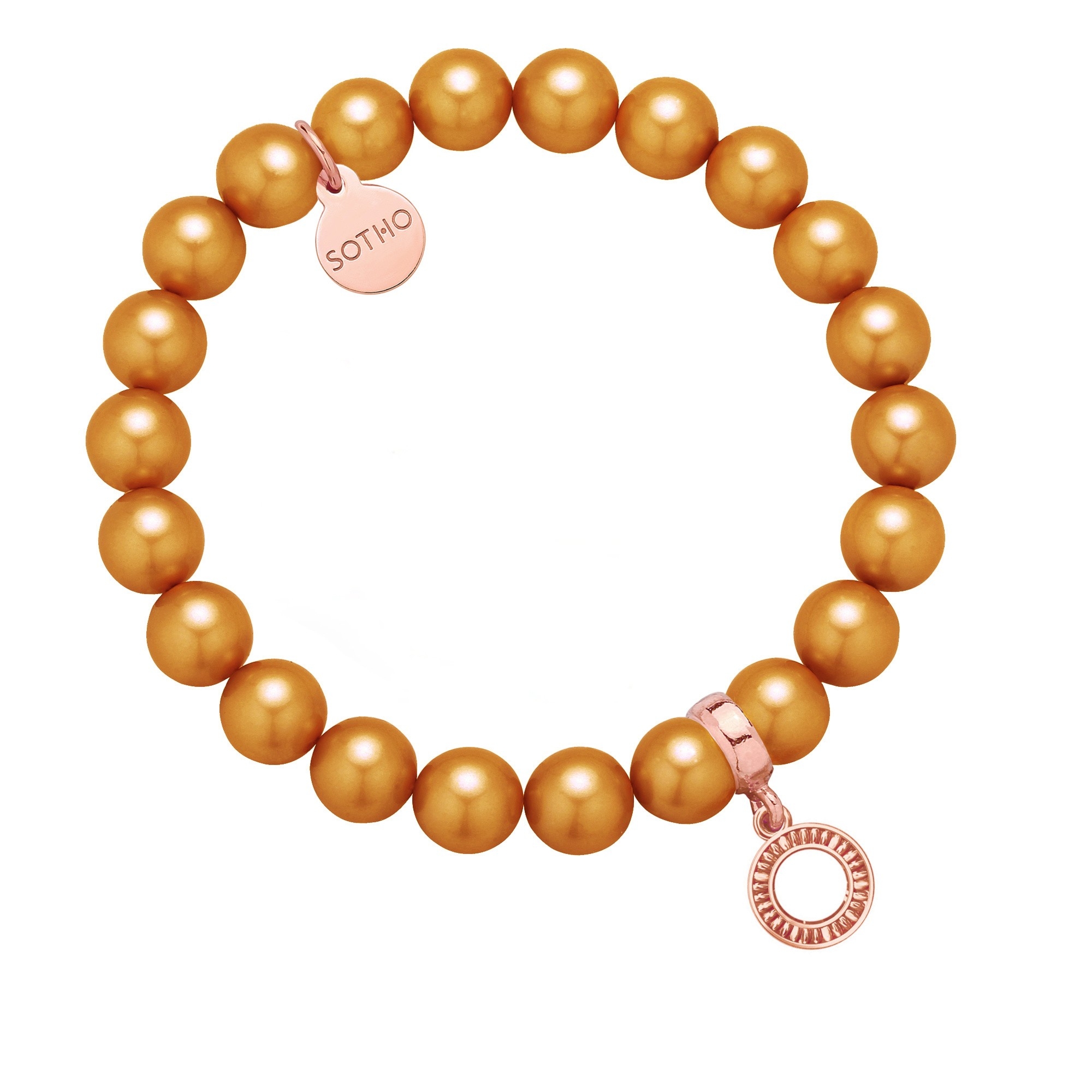 Karmelowa bransoletka z pereł SWAROVSKI® CRYSTAL z okrągłą zawieszką z różowego złota