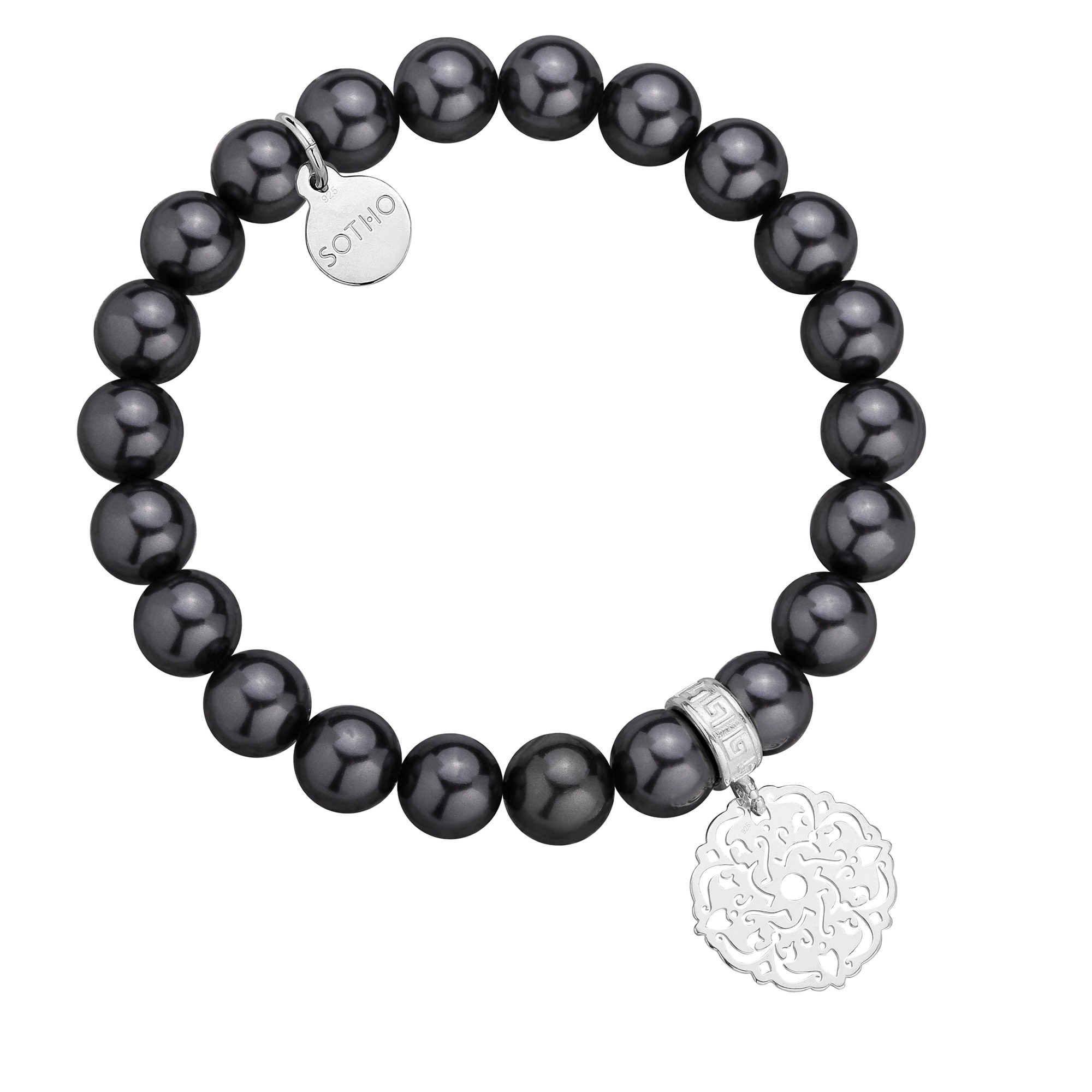 Grafitowa bransoletka z pereł SWAROVSKI® CRYSTAL z ażurową rozetką