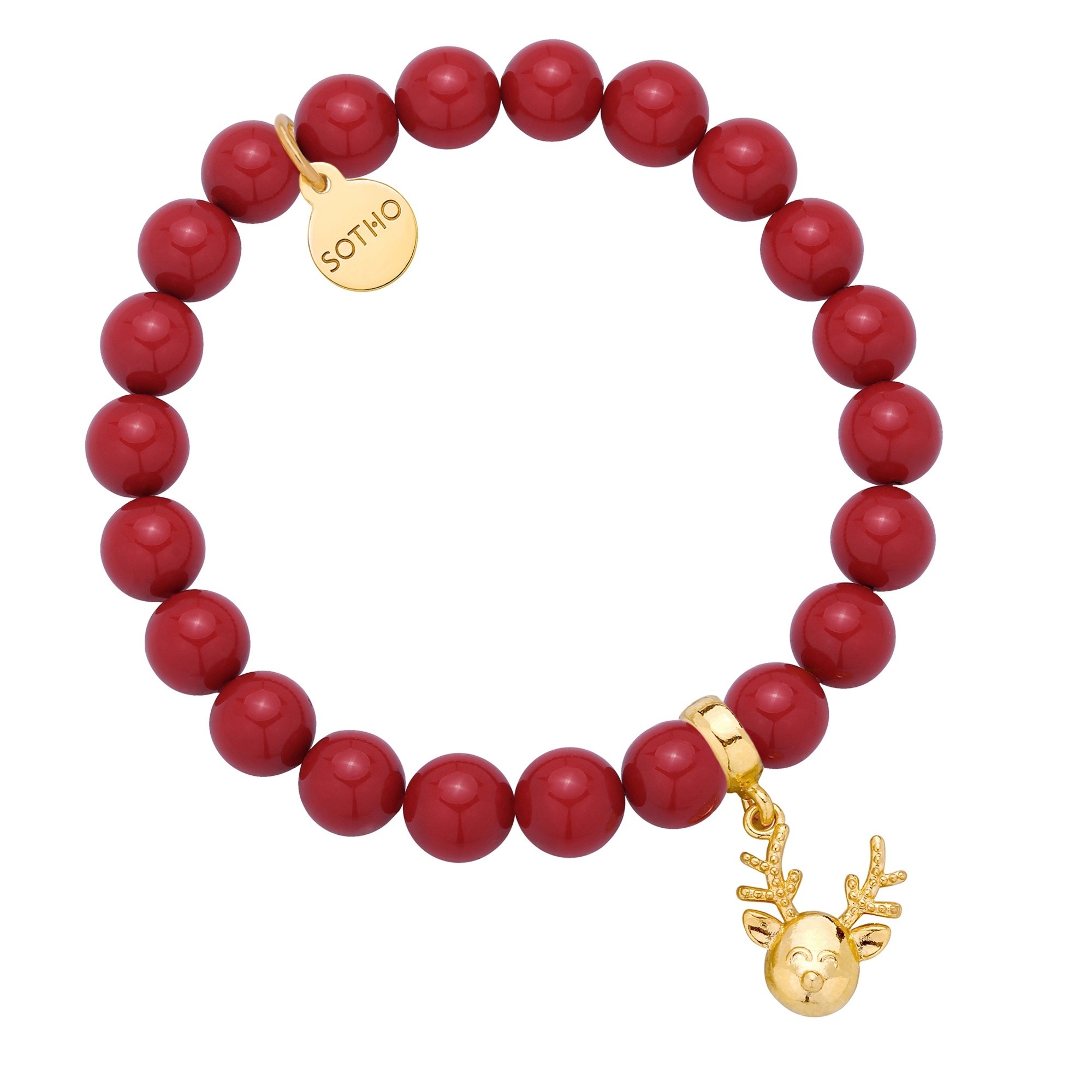Czerwona bransoletka z pereł SWAROVSKI® CRYSTAL ze złotym reniferkiem