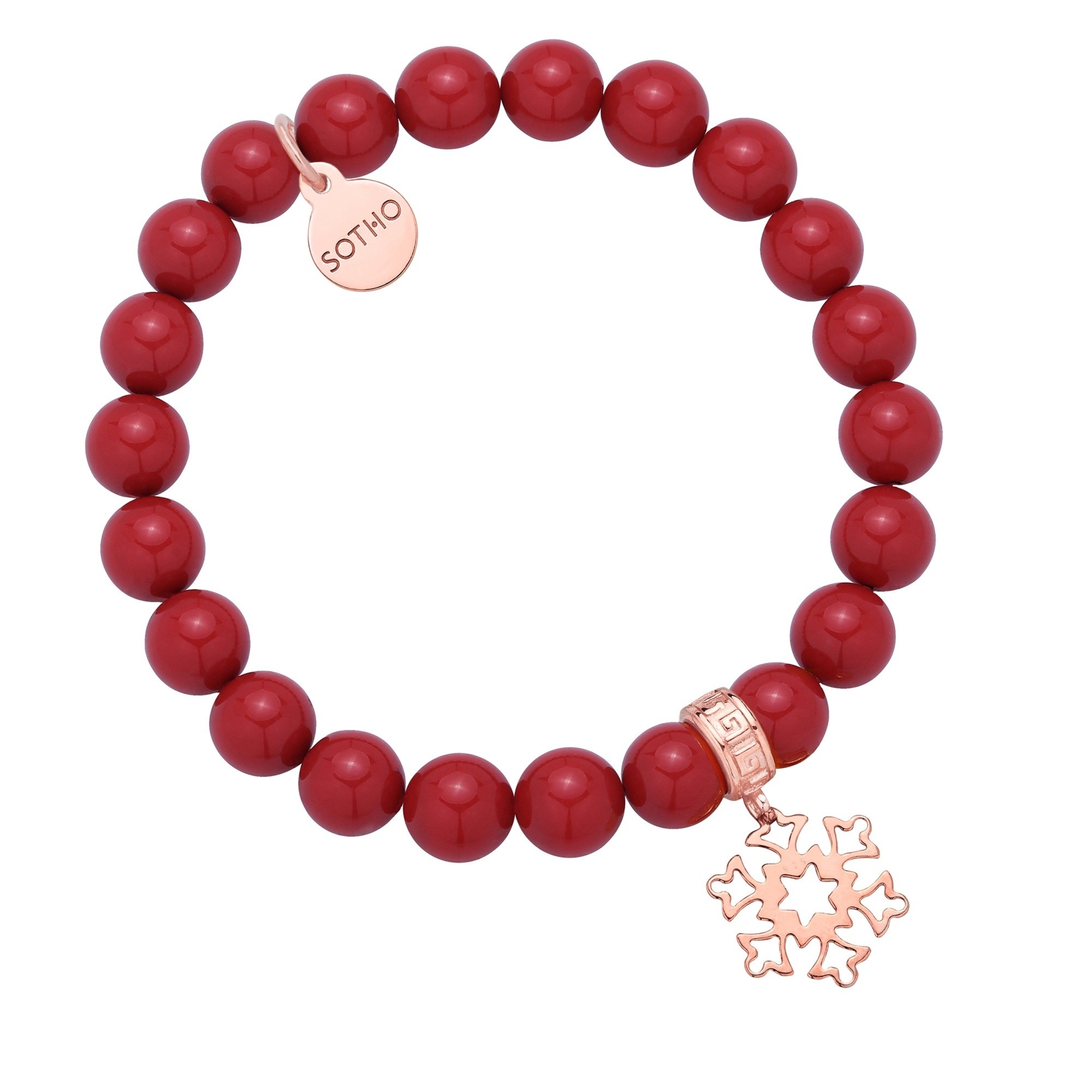 Czerwona bransoletka z pereł SWAROVSKI® CRYSTAL z płatkiem śniegu z różowego złota