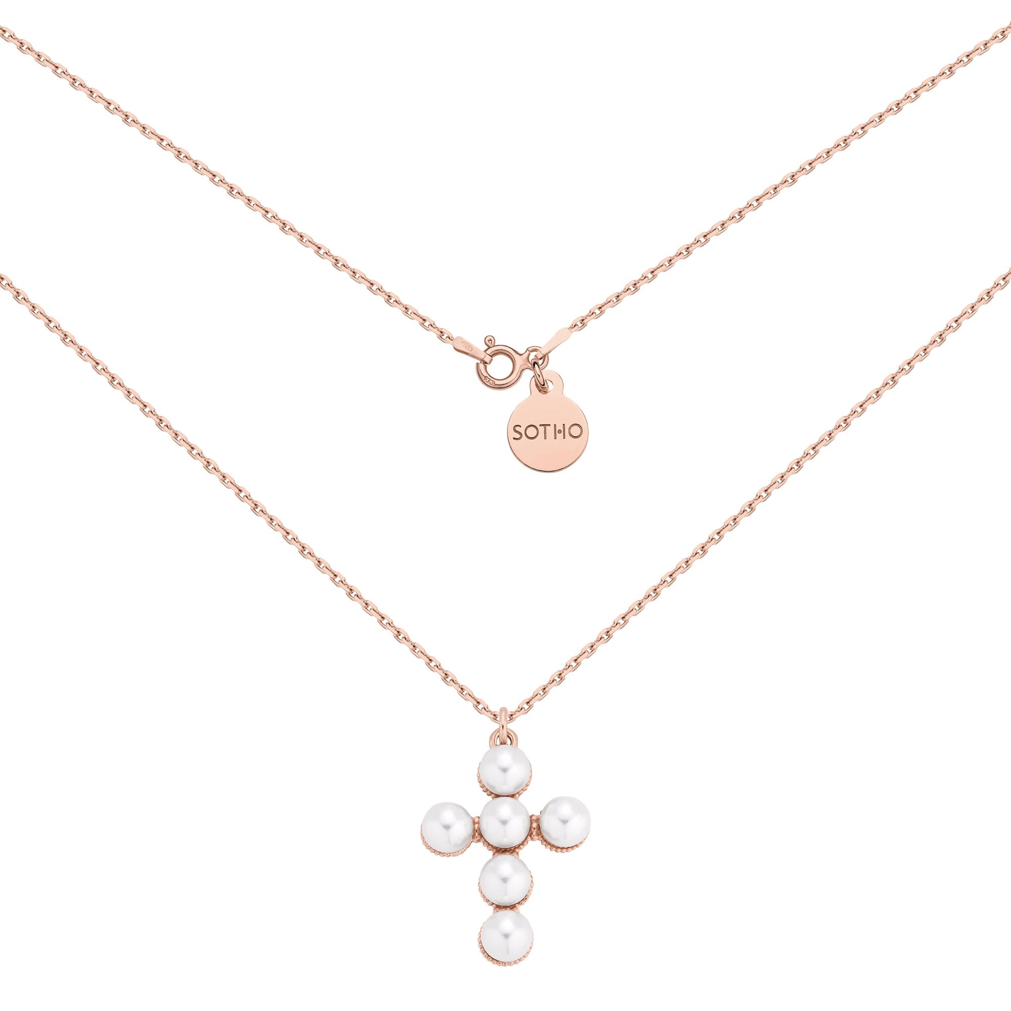 Naszyjnik z różowego złota z krzyżem zdobionym perłami : Długość - 50 cm