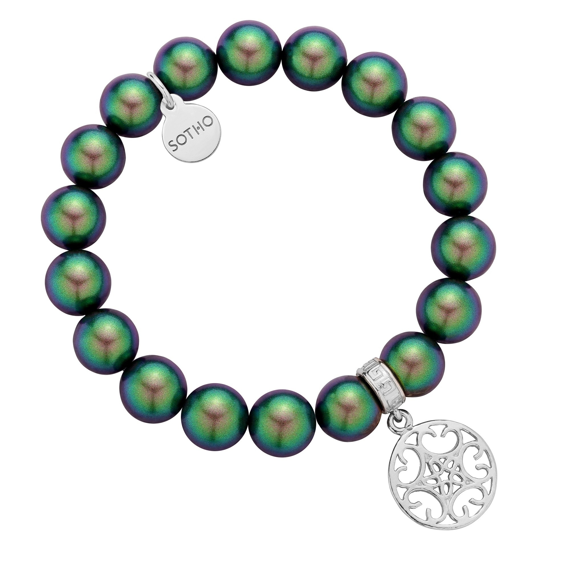 Zielona bransoletka z pereł SWAROVSKI® CRYSTAL ze srebrną okrągłą rozetką