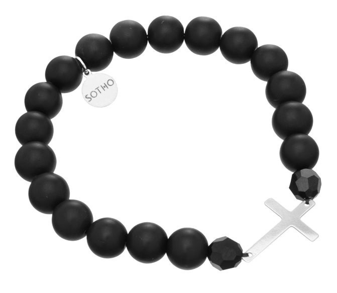 Męska  czarna bransoletka onyks matowy krzyż srebro 925 grawer kryształy SWAROVSKI® CRYSTAL