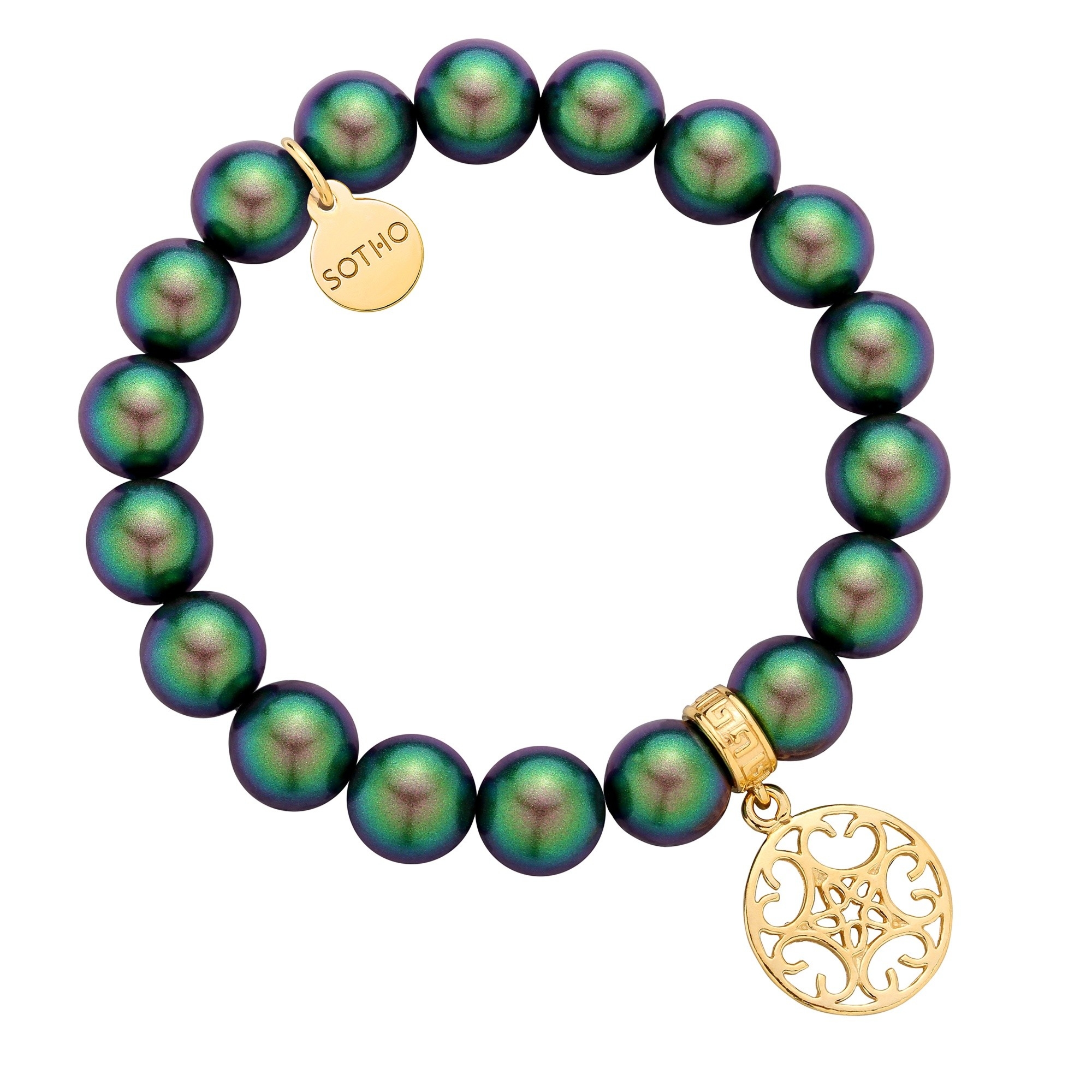 Zielona bransoletka z pereł SWAROVSKI® CRYSTAL ze złotą okrągłą rozetką