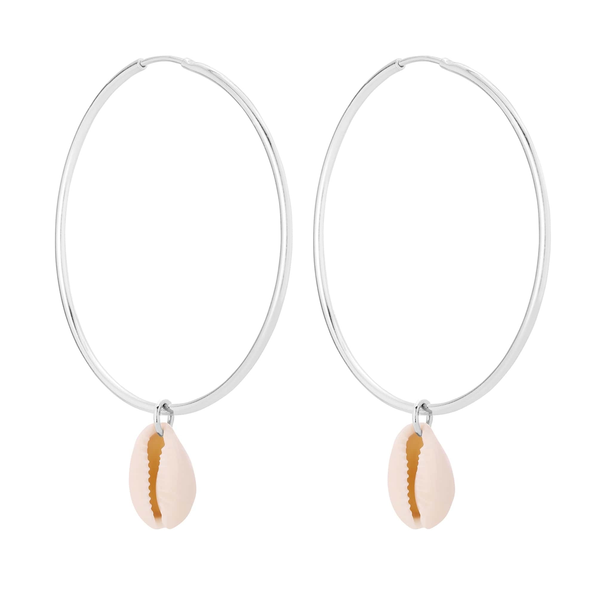 Srebrne kolczyki duże koła z muszelkami