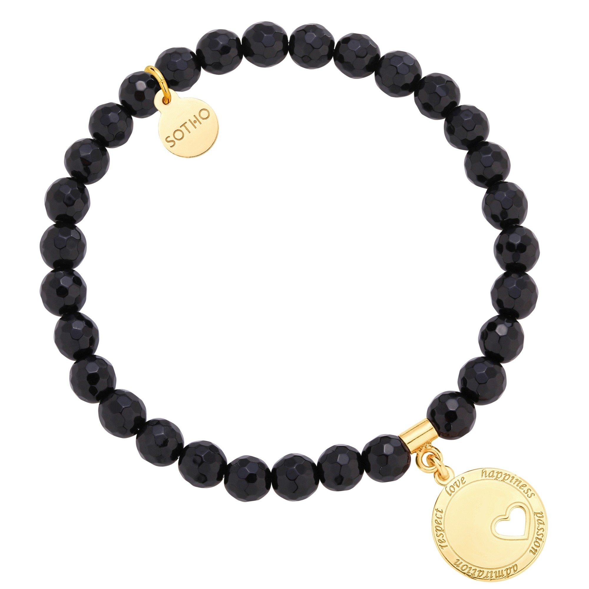 Czarna bransoletka z onyksu ze złotą zawieszką z motywującym przesłaniem