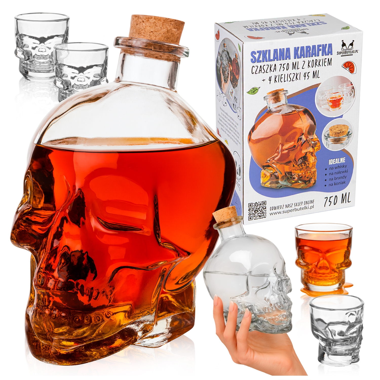 Karafka szklana Czaszka 750 ml z 4 kieliszkami Czaszka