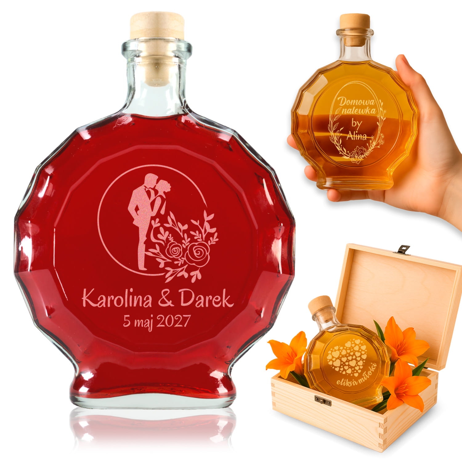 Szklana butelka Medalion 500 ml z korkiem i grawerem laserowym