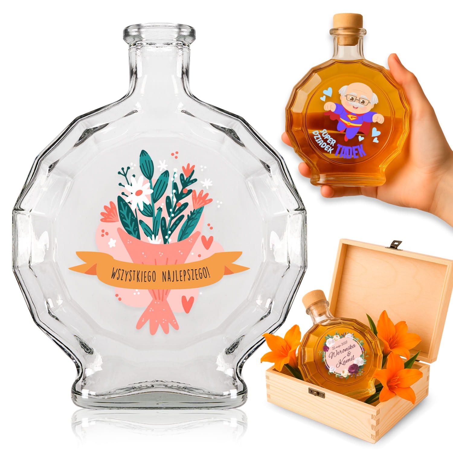 Butelka szklana Medalion 500 ml z personalizowaną etykietą i korkiem