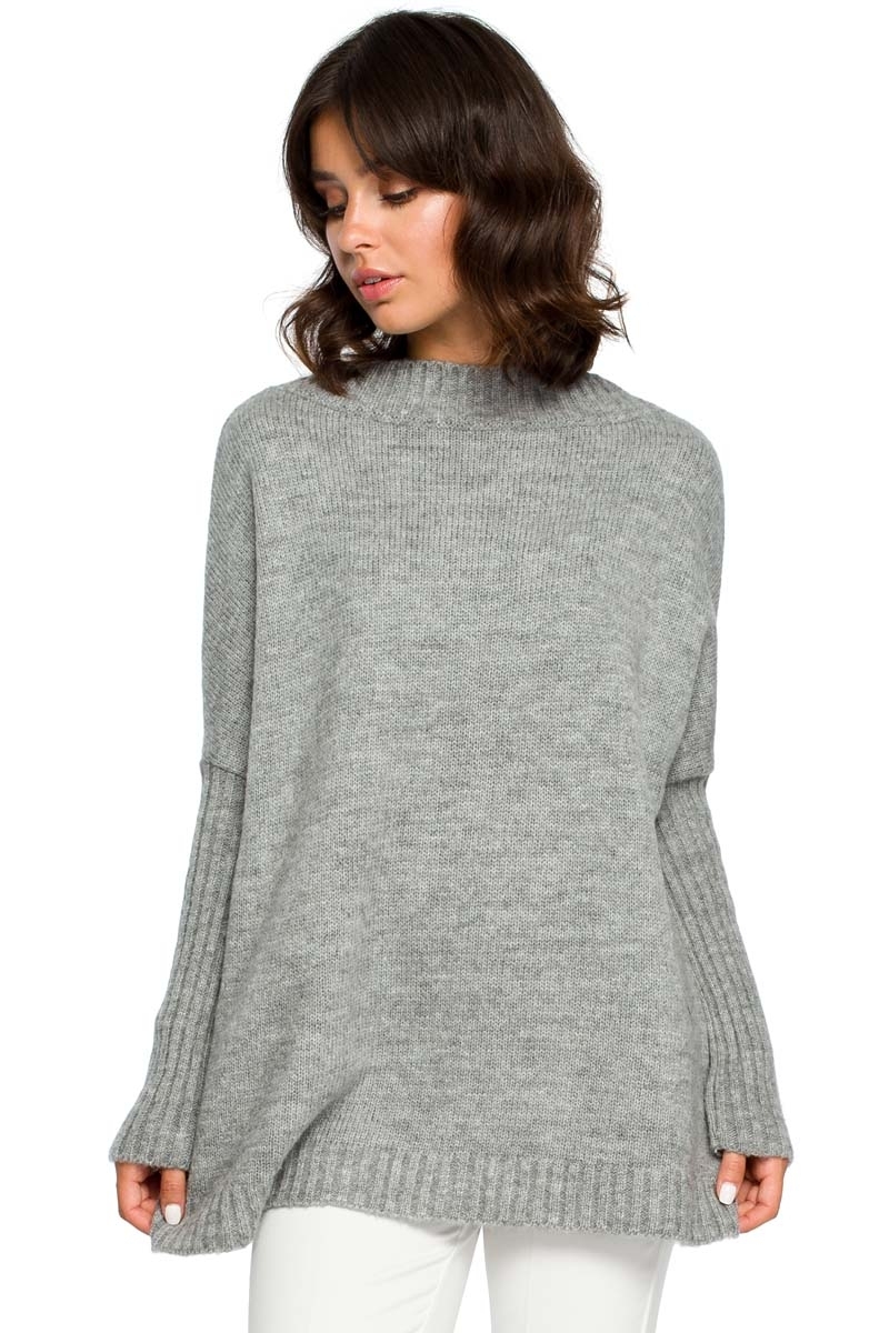 Sweter oversize z niewielką stójką - szary