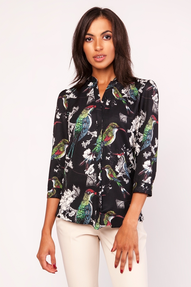 Wzorzysta koszula ze stójką - ptaki - Rozmiar: S