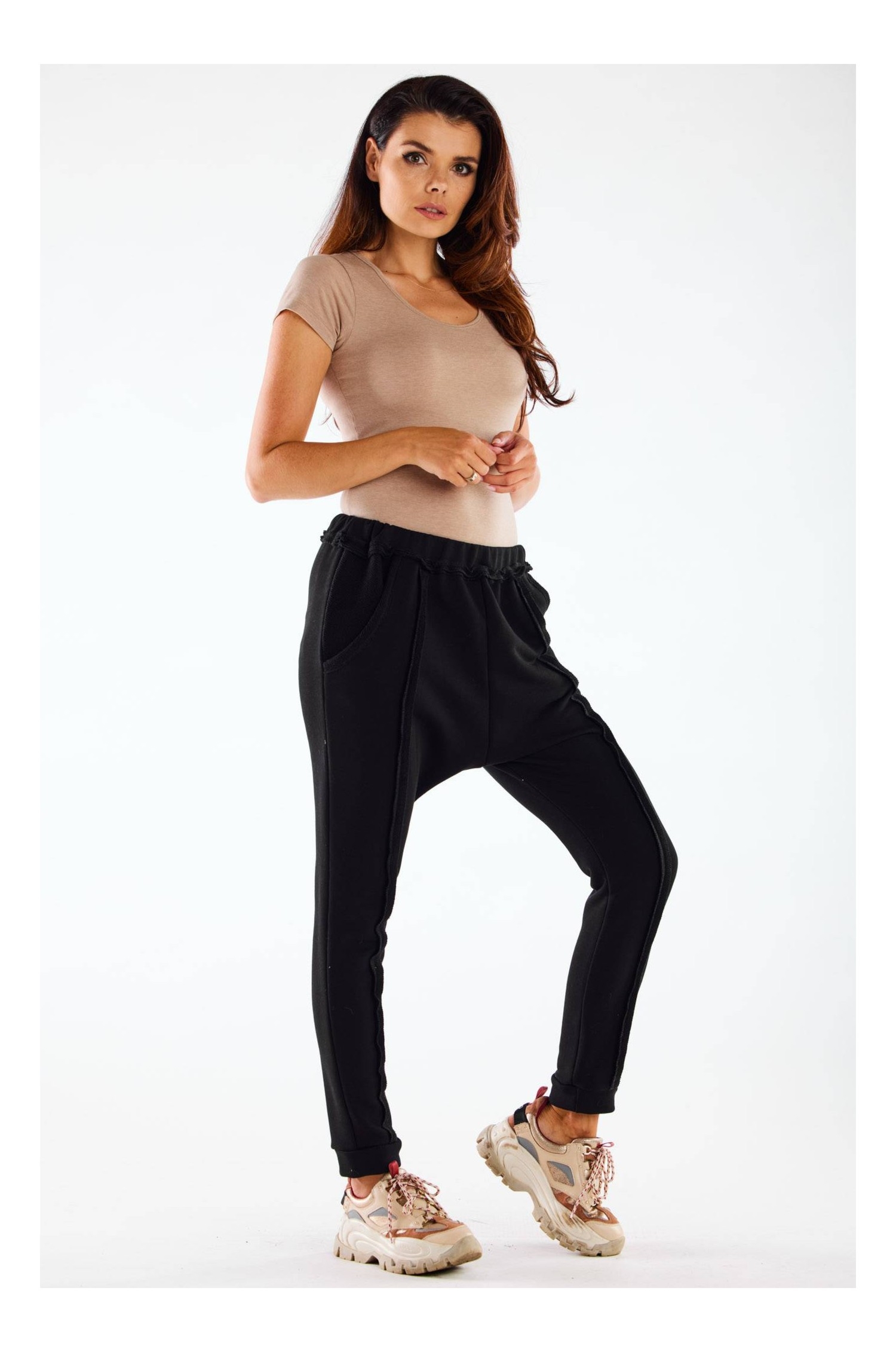 Dopasowane spodnie bawełniane z przeszyciami - czarne - Rozmiar: L/XL