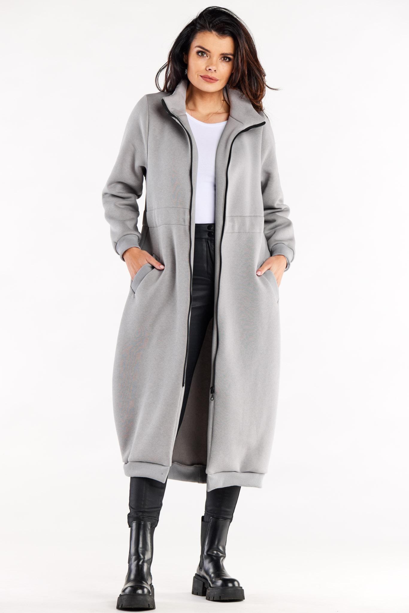 Długa płaszczowa bluza ze stójką - szara - Rozmiar: L/XL