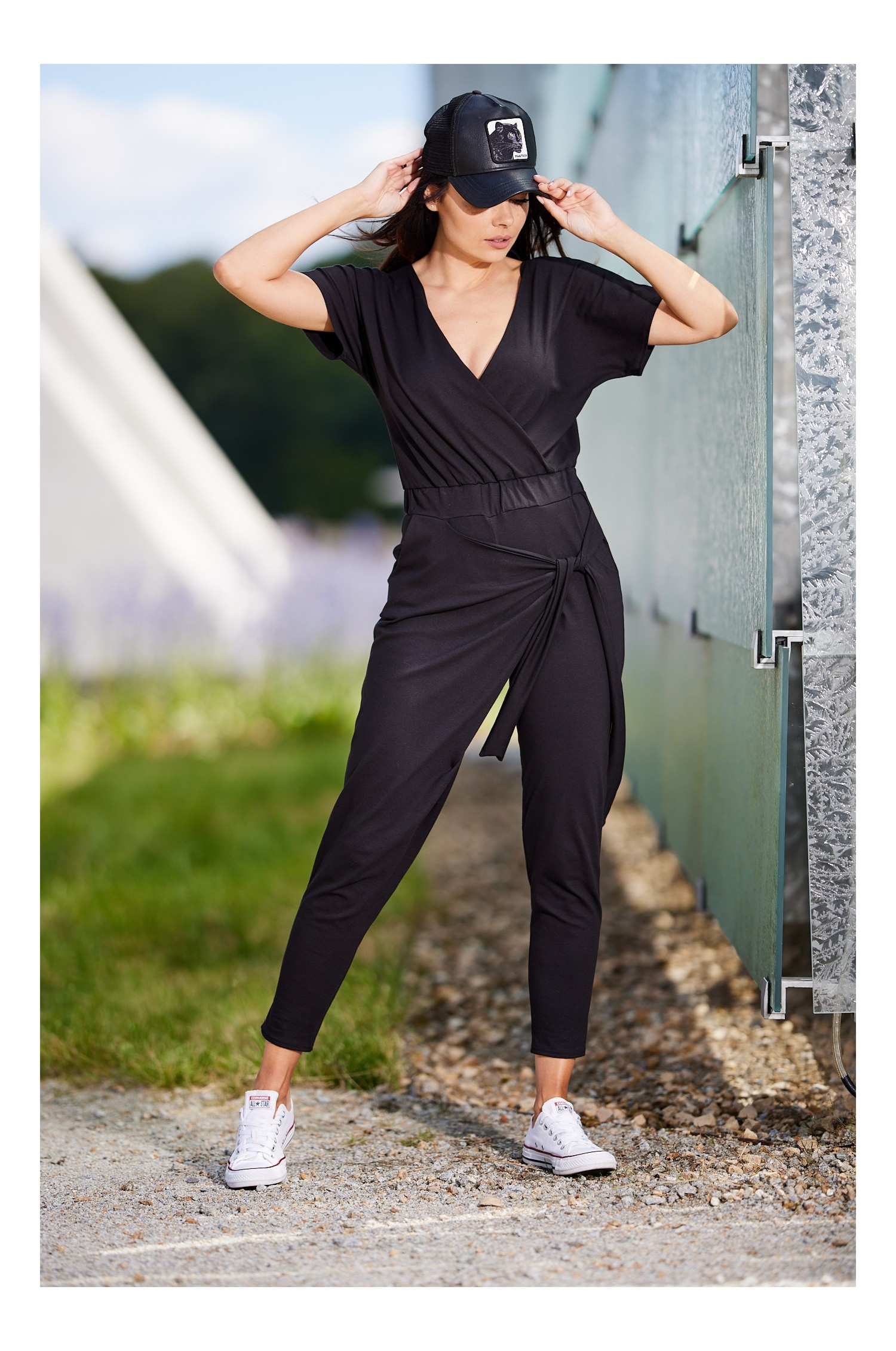 Bawełniany kombinezon w stylu baggy - czarny - Rozmiar: L/XL