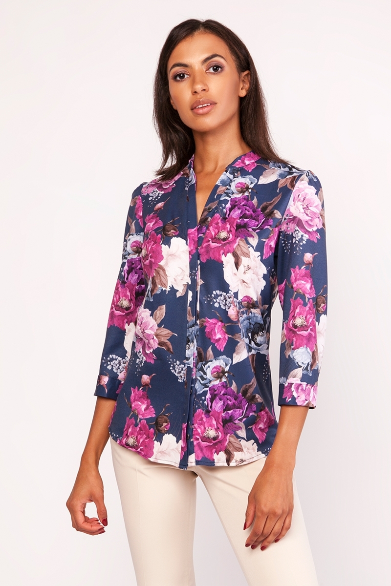 Wzorzysta koszula ze stójką - kwiaty - Rozmiar: L