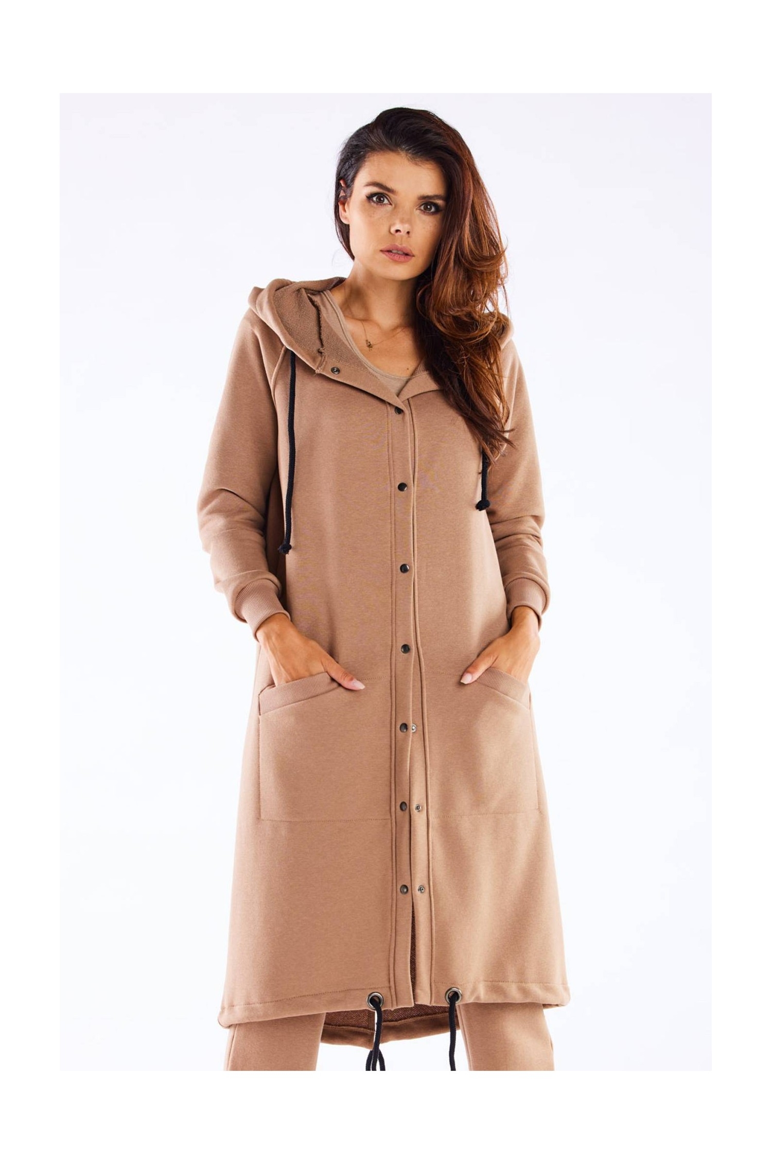 Bluza z kapturem zapinana na napy - beżowa - Rozmiar: L/XL