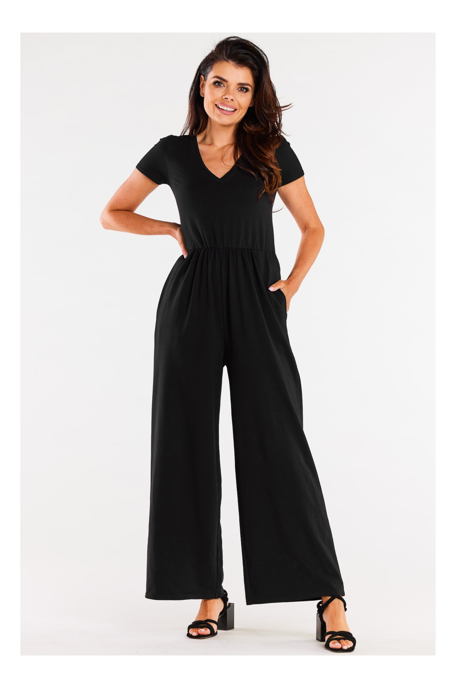 Bawełniany kombinezon z szerokimi nogawkami - czarny - Rozmiar: M