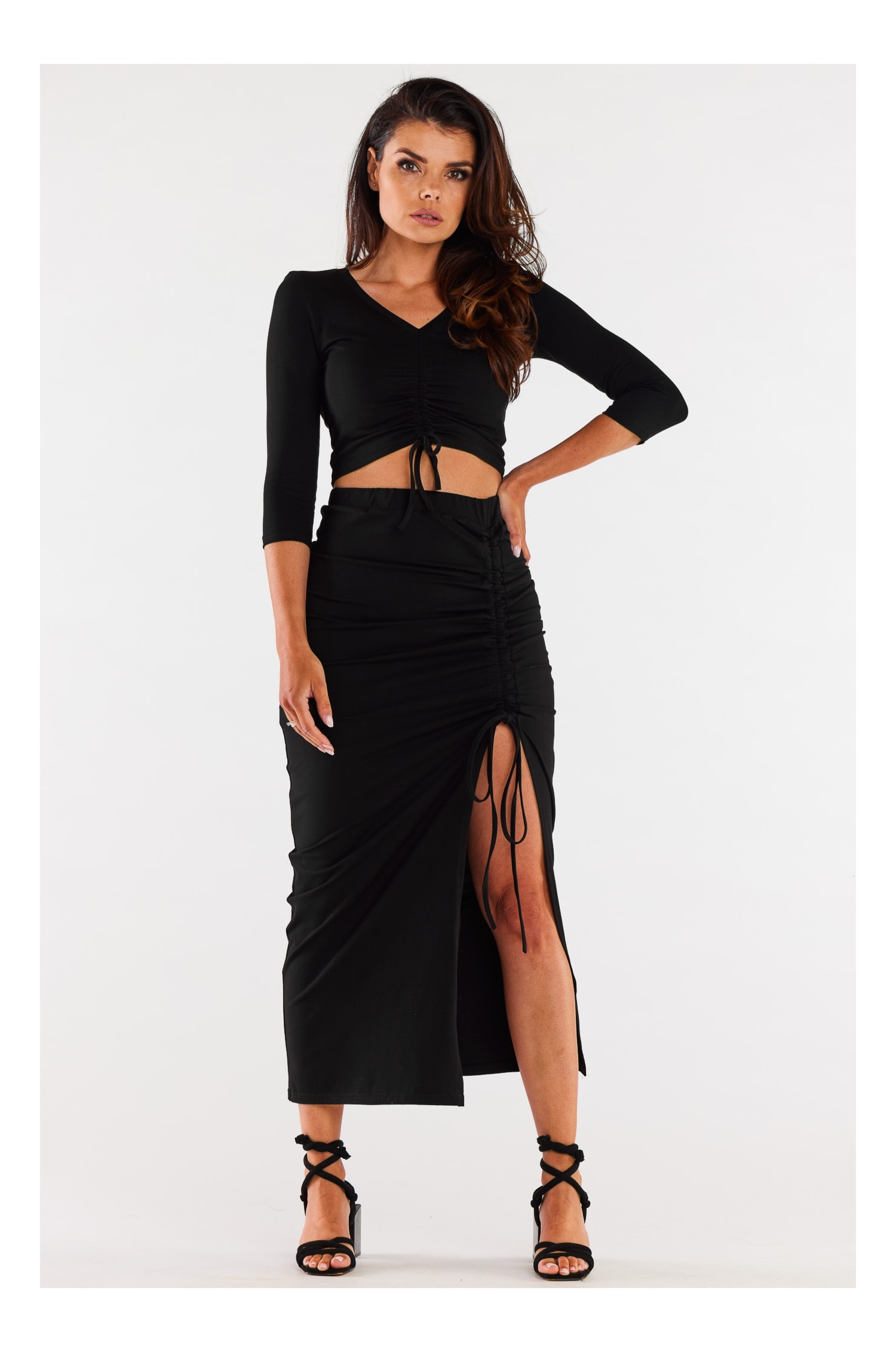 Dzianinowa spódnica z wiązanymi troczkami - czarna - Rozmiar: XL