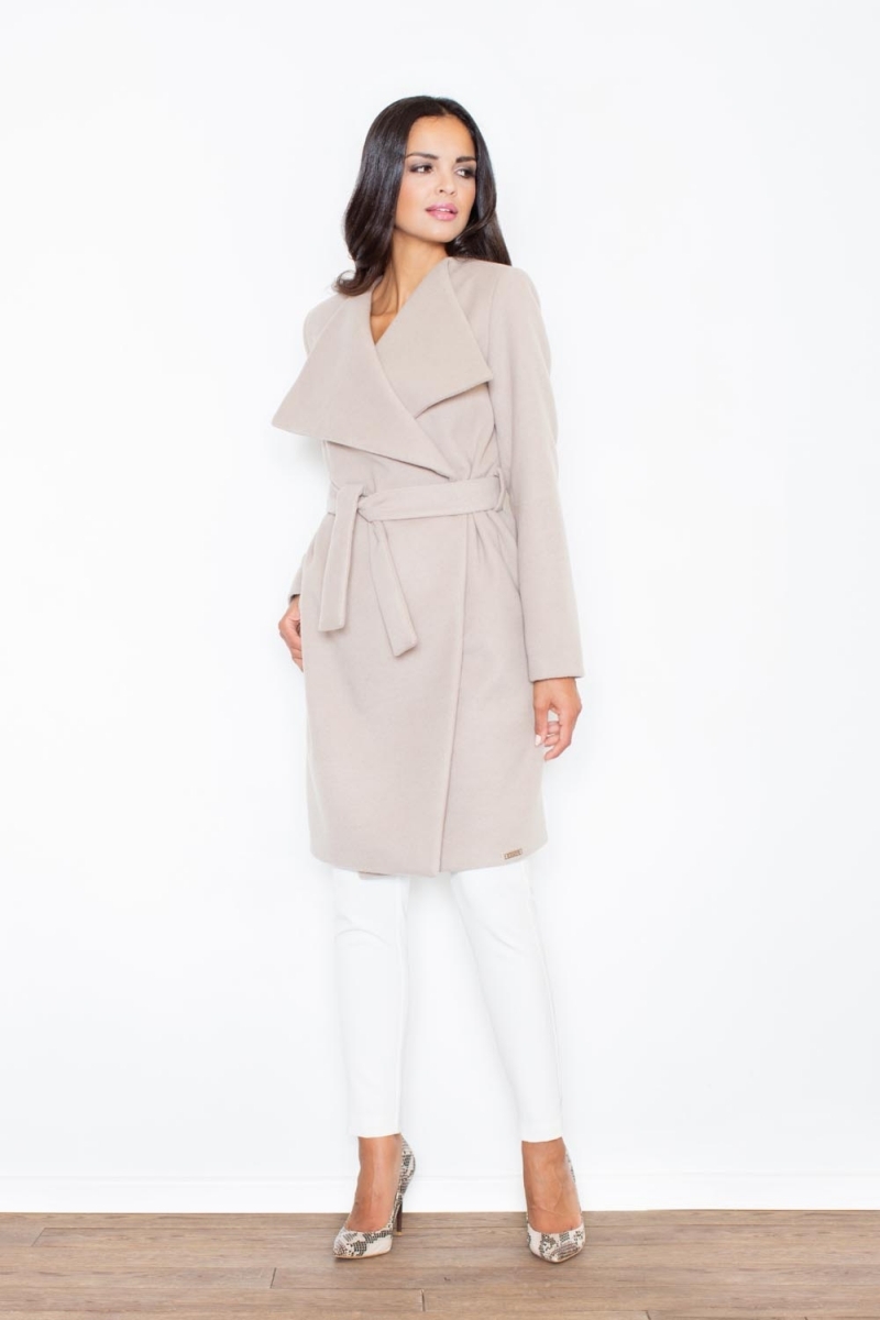 Płaszcz z paskiem i dużym kołnierzem - beżowy - Rozmiar: L