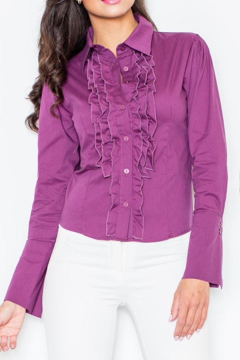 Koszula damska z falbanką - bakłażanowa - Rozmiar: L