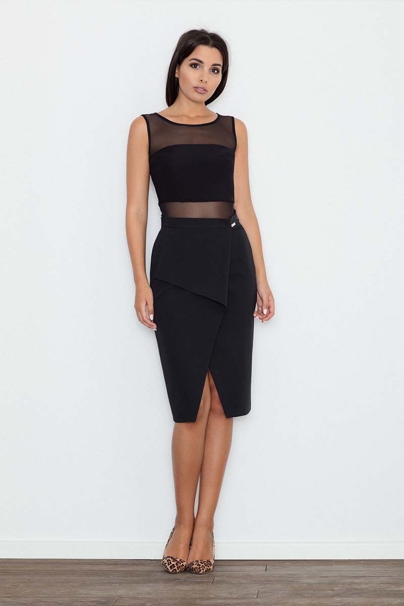 Ołówkowa spódnica z asymetryczną zakładką z przodu - czarna - Rozmiar: M