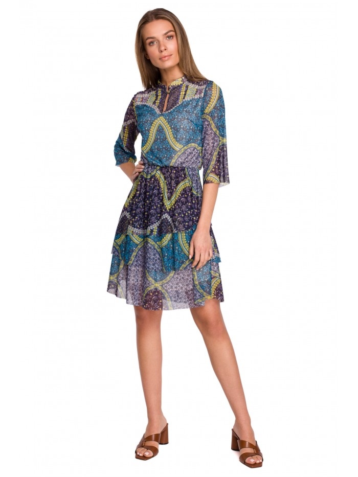 Sukienka z nadrukiem boho z 3 falbanami - wzór 2 - Rozmiar: M