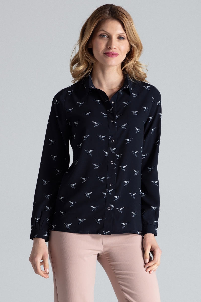 Klasyczna koszula damska ze wzorem - granatowa - Rozmiar: M