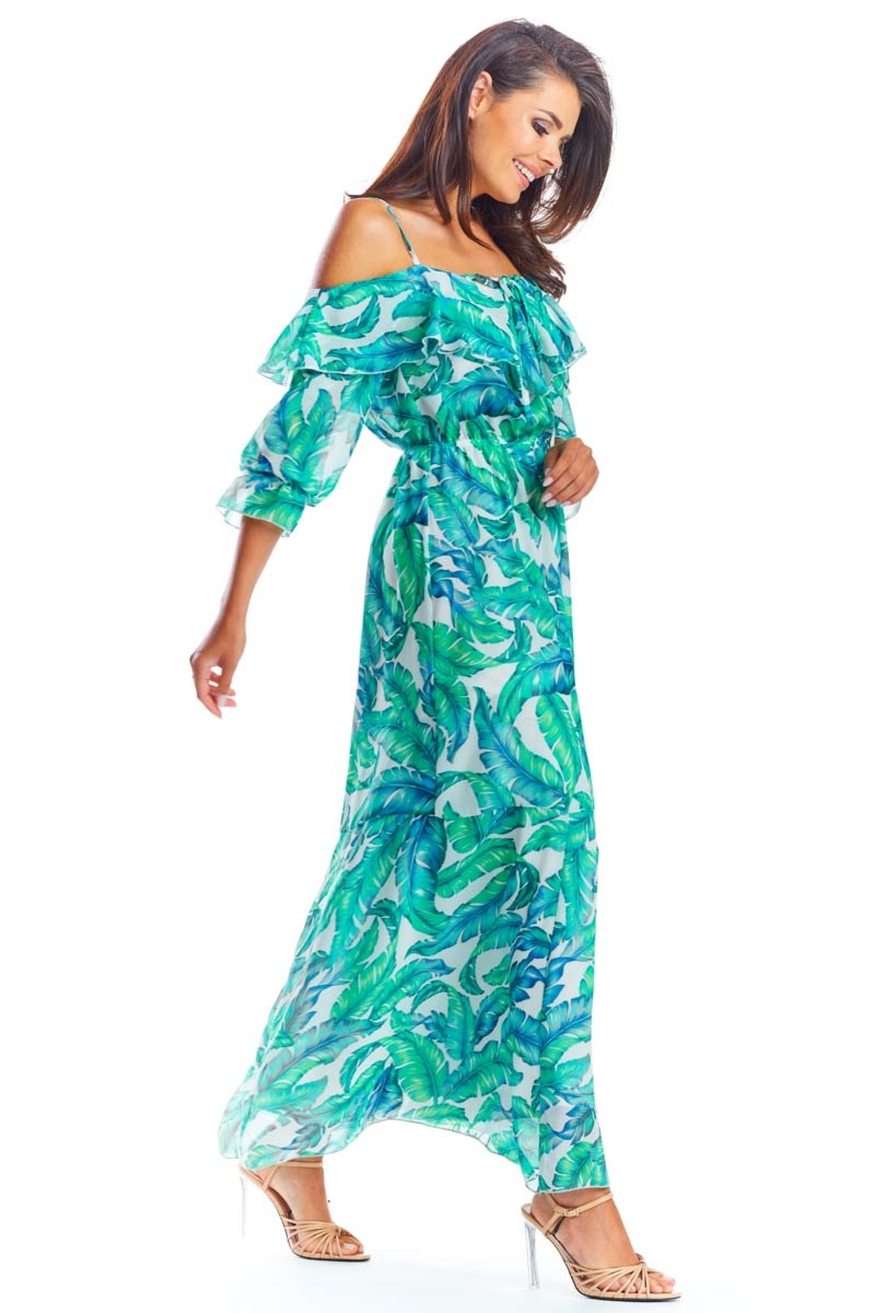 Długa wzorowana sukienka na ramiączkach - zielona - Rozmiar: 42