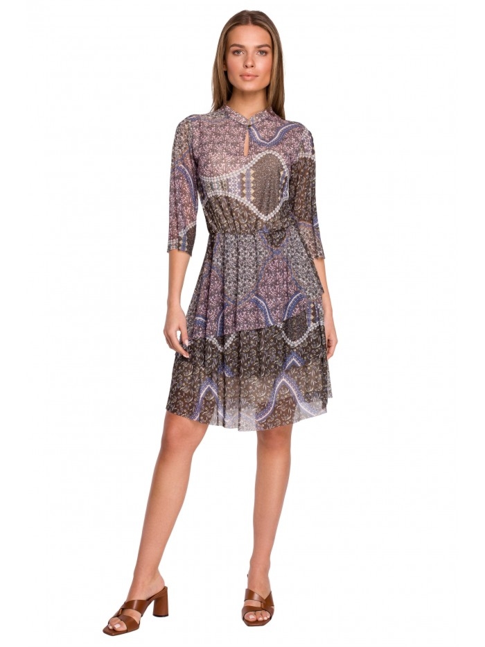 Sukienka z nadrukiem boho z 3 falbanami - wzór 1 - Rozmiar: M