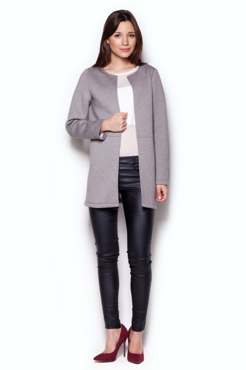 Niezapinany płaszcz bez kołnierza - szary - Rozmiar: M