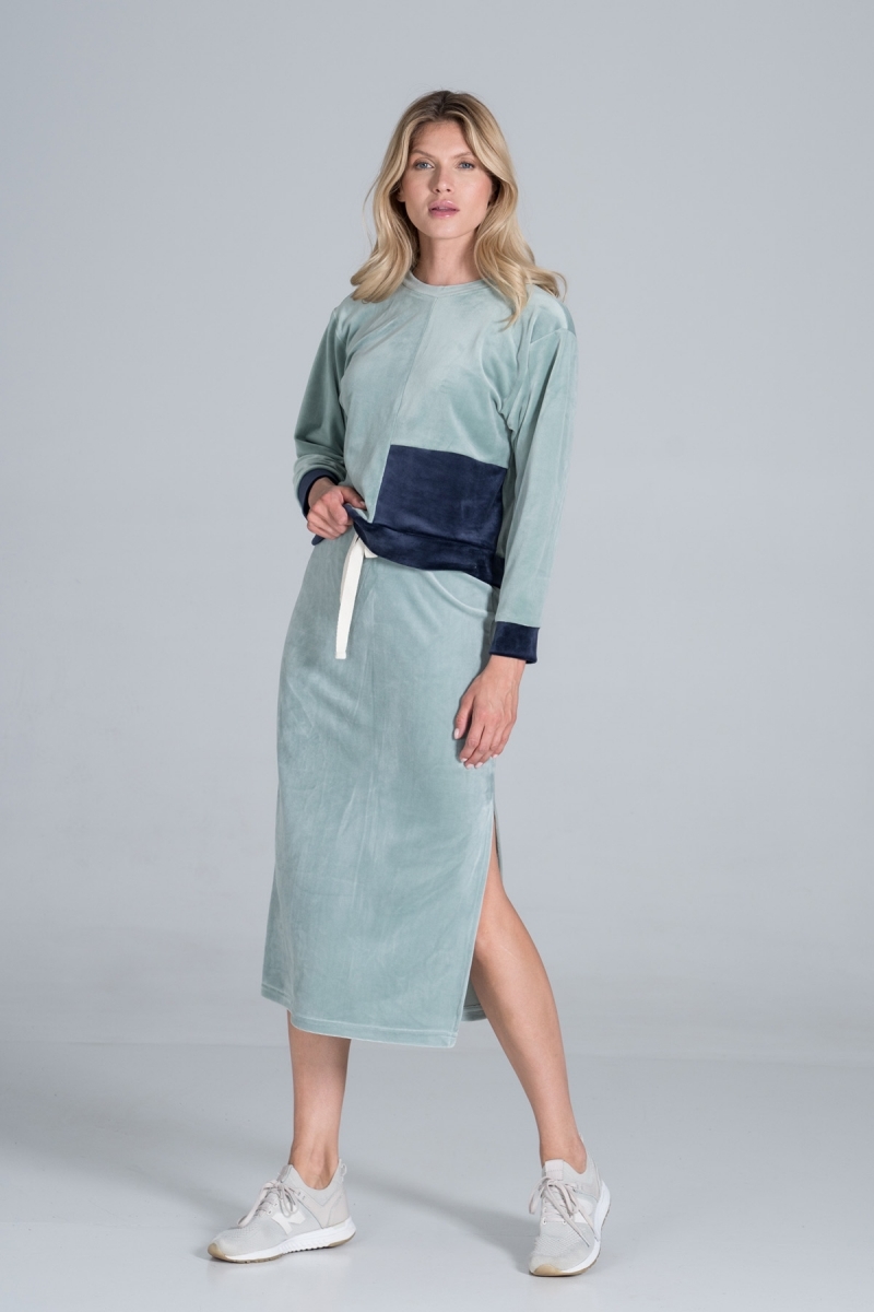 Komplet z weluru bluza z długą spódnicą - miętowy - Rozmiar: XL
