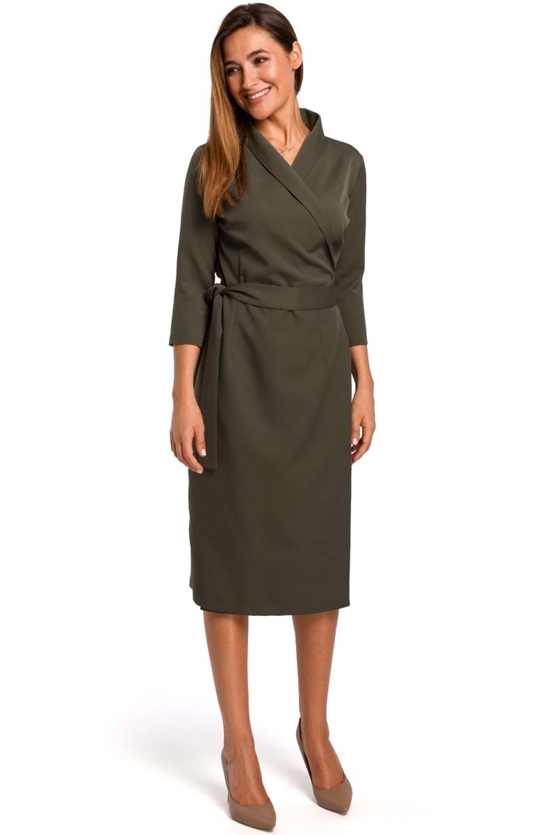 Kopertowa sukienka z paskiem midi – khaki - Rozmiar: XL(42)