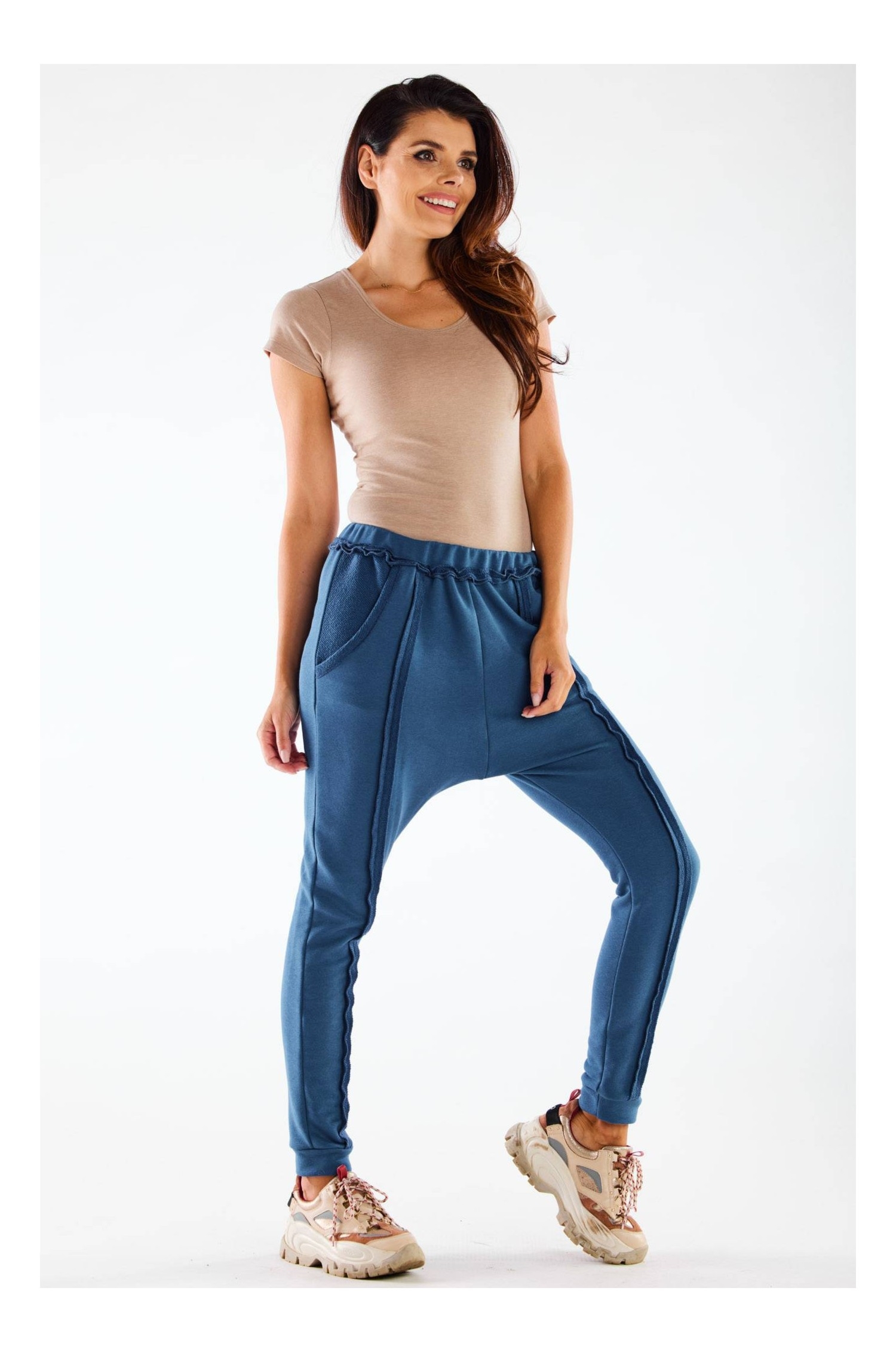 Dopasowane spodnie bawełniane z przeszyciami - niebieskie - Rozmiar: L/XL