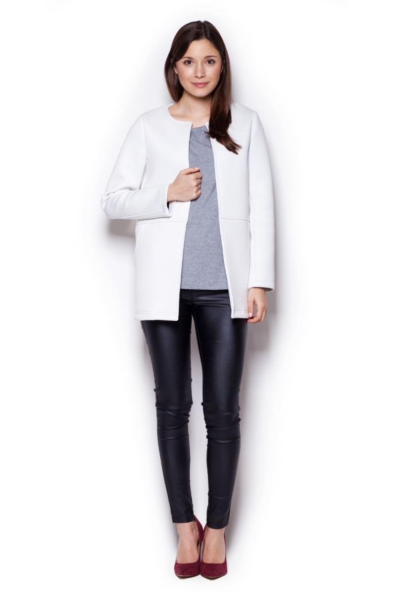 Niezapinany płaszcz bez kołnierza - ecru - Rozmiar: M