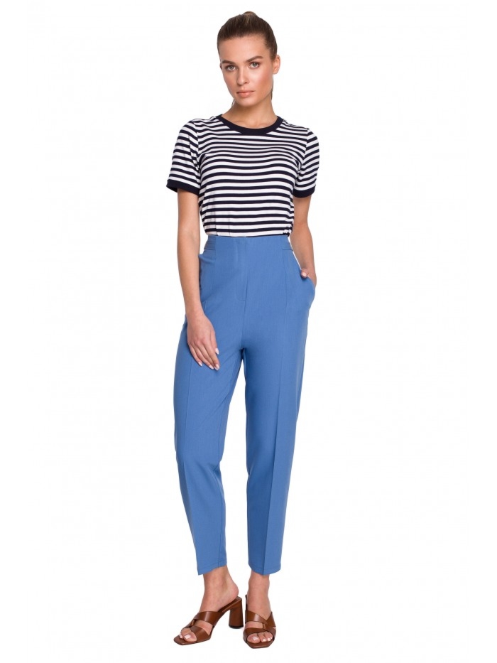 Klasyczne Spodnie damskie z wysokim stanem - niebieskie - Rozmiar: XL