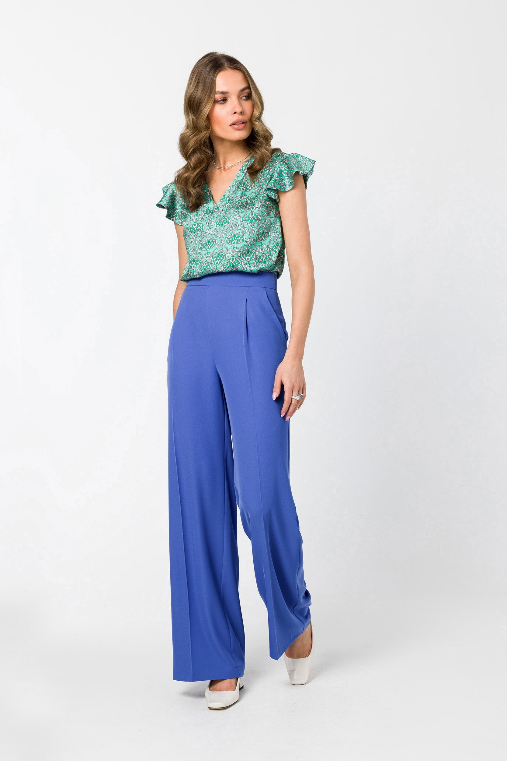 Wzorzysta bluzka z falbankami - Zielona - Rozmiar: L